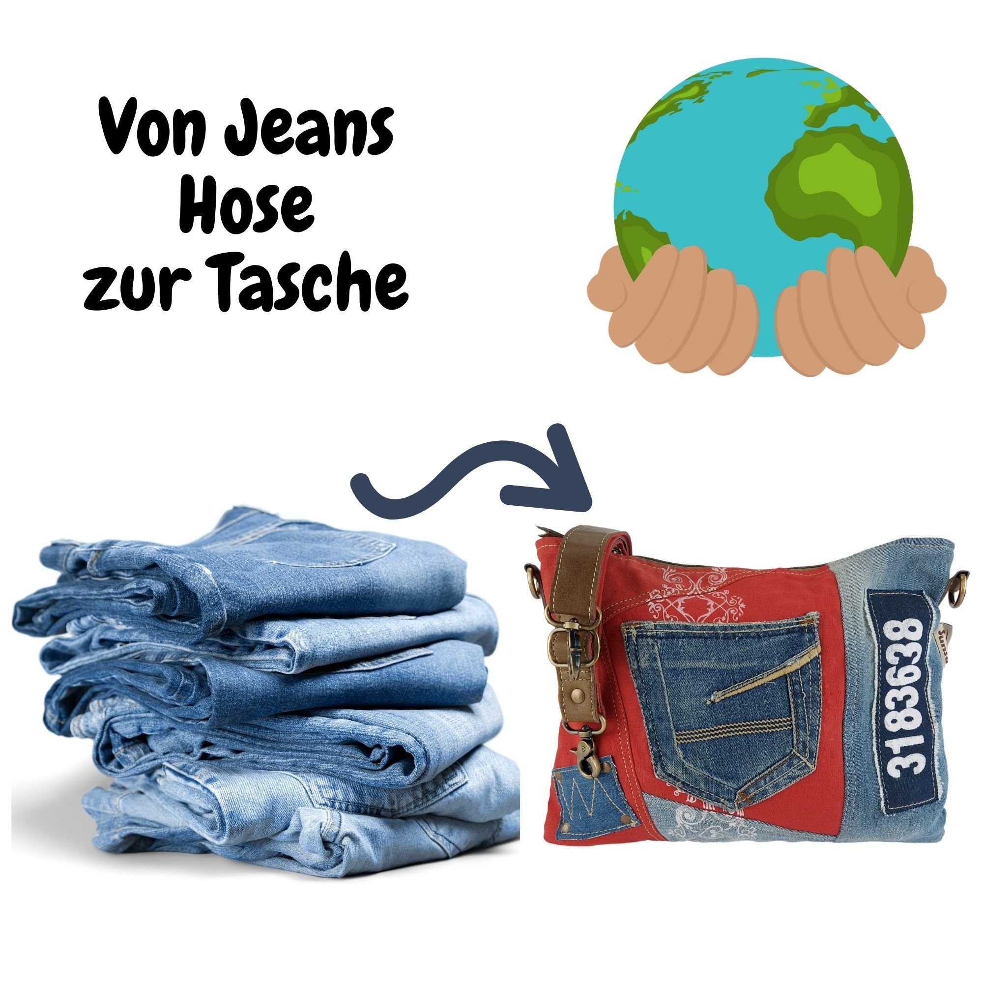 Sunsa Umhängetasche aus Canvas. Jeans Crossbody Used und Still aus Jeans Vintage Umhängetasche recycelte Tasche, rote Hose
