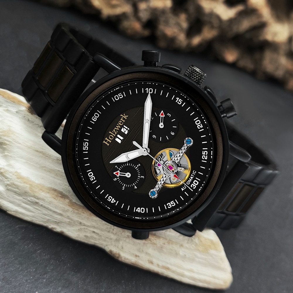 Holzwerk Automatikuhr Herren Edelstahl & Holz Armband Uhr mit Datum, (inklusive Armbandkürzer), Holz Unikate, ideal auch als Geschenk, Automatik, offene Unruhe