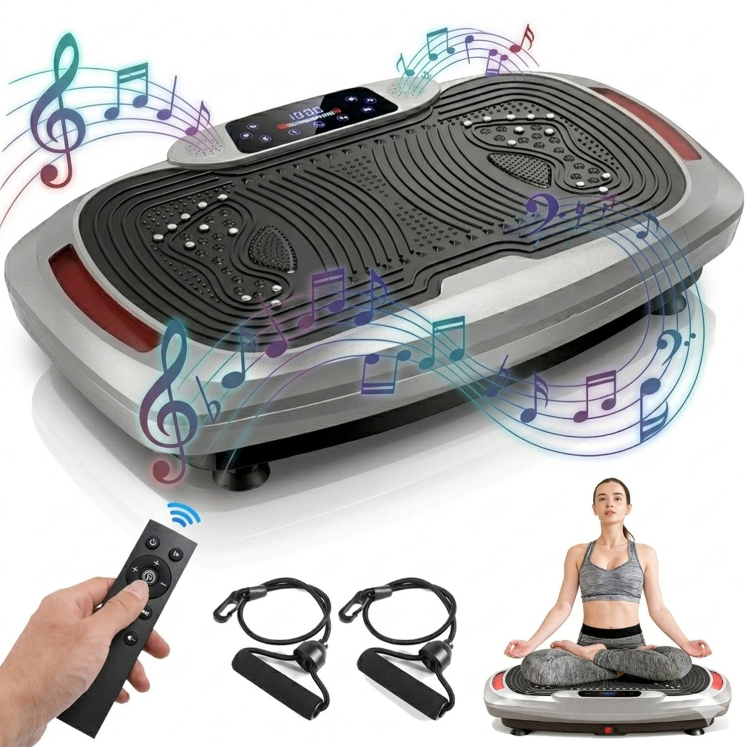oyajia Vibrationsplatte 4D Vibrationsplatte mit 3 Motoren–Profi Ganzkörpertraining für zuhause, 300 W, 120 Intensitätsstufen, (5 Programme, Bluetooth-Musik & Magnet-Massage, Einfache Bedienung), inkl. Trainingsbänder, Fernbedienung für effektives Heimtraining,200kg