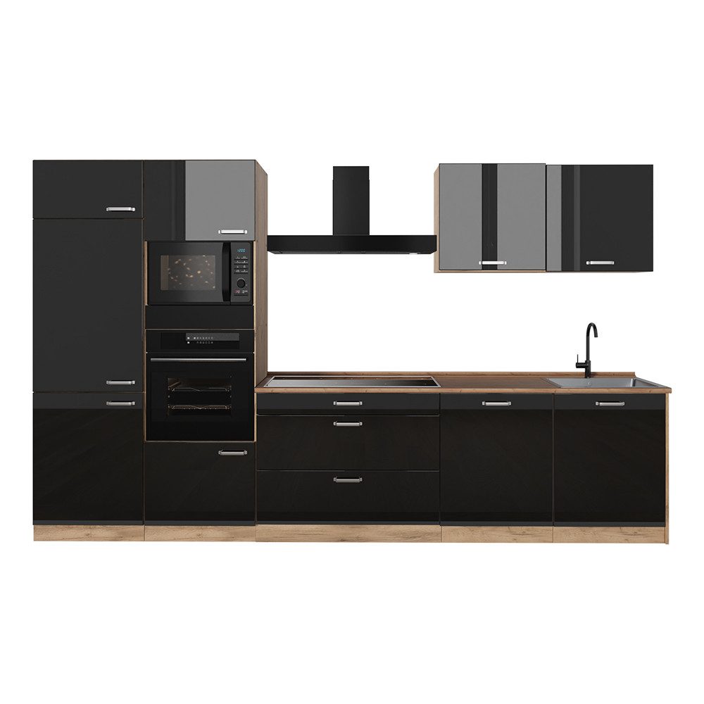 Vicco Küchenzeile R-Line, Schwarz Hochglanz/Goldkraft Eiche, 340 cm ohne Arbeitsplatte