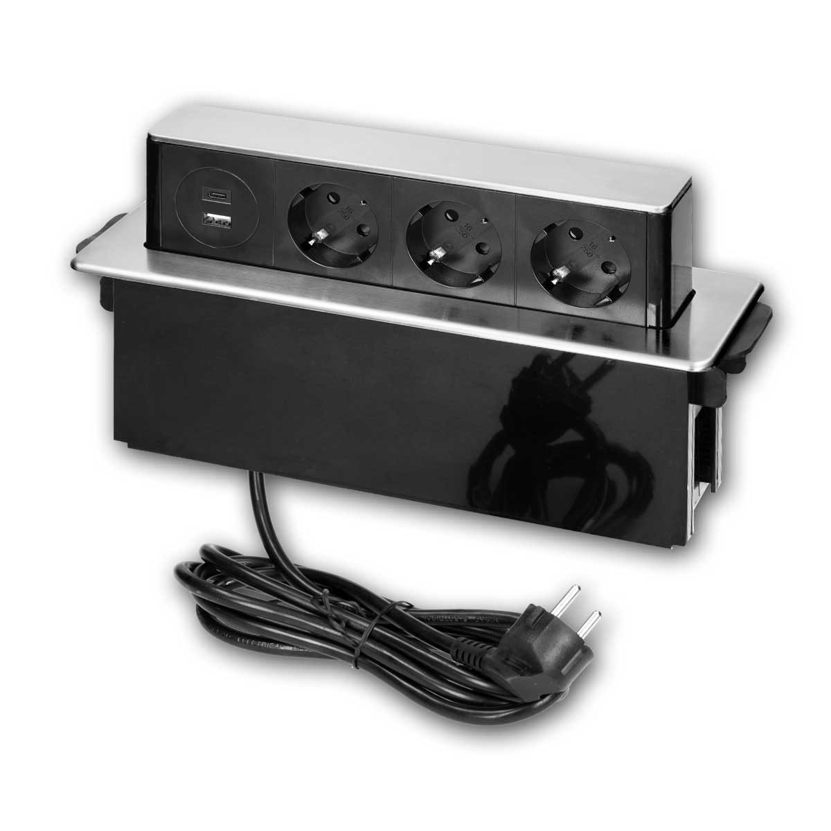 world-trading-net Steckdose Tisch-Einbausteckdose 3-fach 230V+2xUSB, Edelstahl