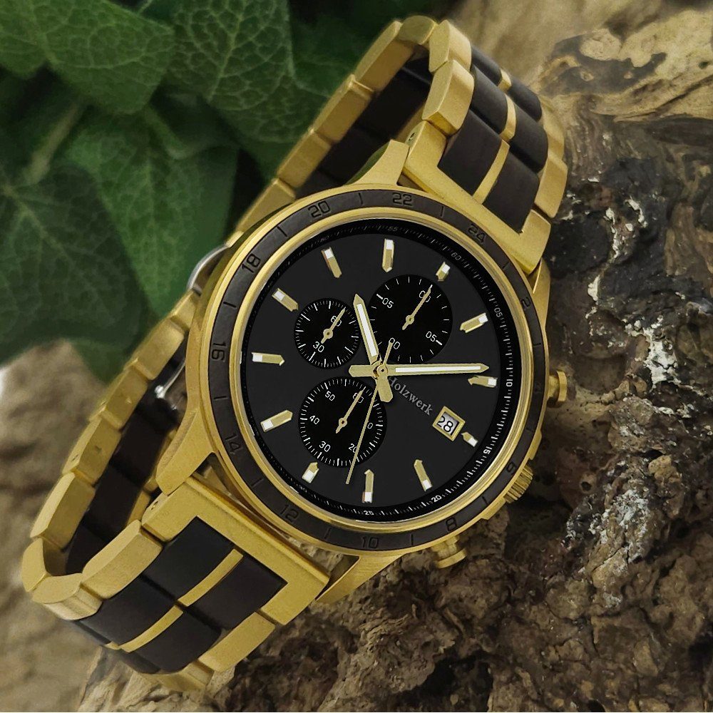 & Herren schwarz Holzwerk Armband Edelstahl NAGOLD Uhr, Holz Chronograph gold,