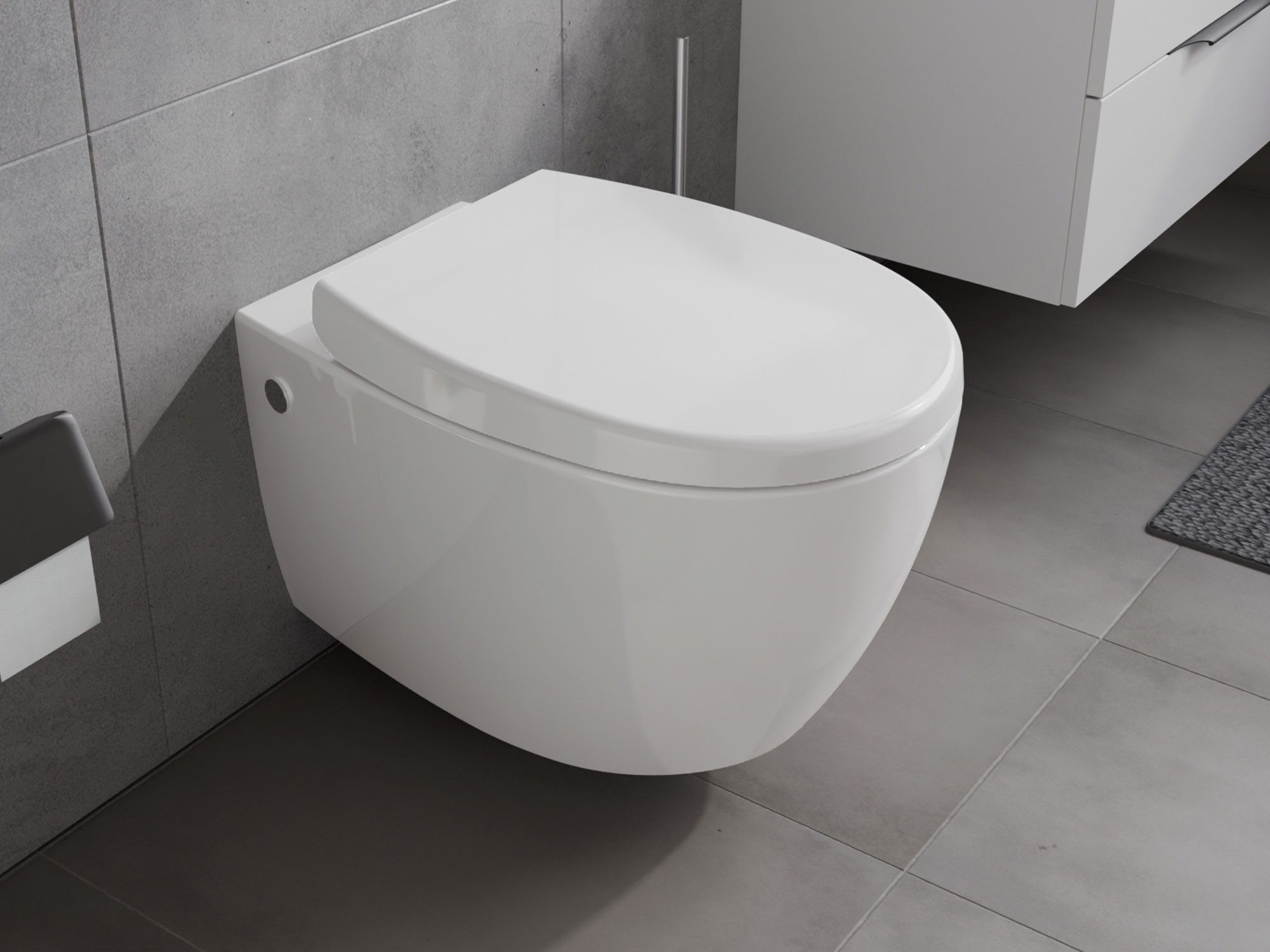 Aqua Bagno Tiefspül-WC Spülrandlose Toilette, Softclose WC-Sitz, weiß, Hänge WC, wandhängend, Abgang waagerecht