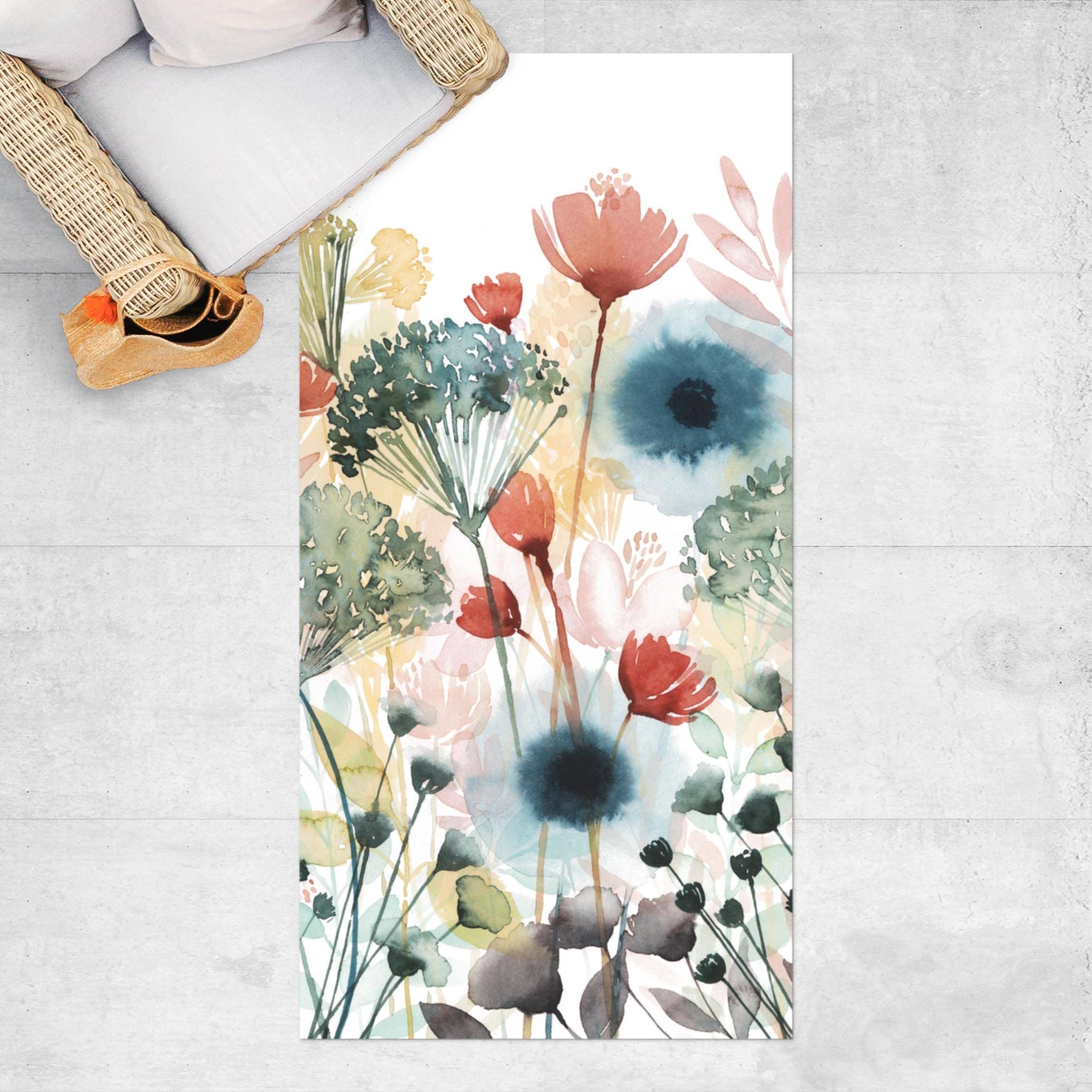 Bilderdepot24 Teppich Teppich Vinyl Flur Küche Blumen Landhaus funktional lang, Läufer - weiss glatt, nass wischbar (Schmutz, Tierhaare) Saugroboter & Bodenheizung geeignet