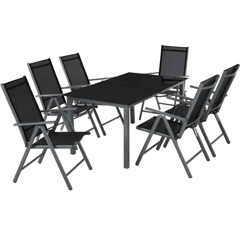 tectake Essgruppe »Aluminium Sitzgruppe 6+1«, (Komplettset, 7-tlg., Set aus Stühlen und Esstisch), pflegeleicht, klappbare Stühle, Sicherheitsglas, platzsparend, wetterfest, mit Rückenlehne