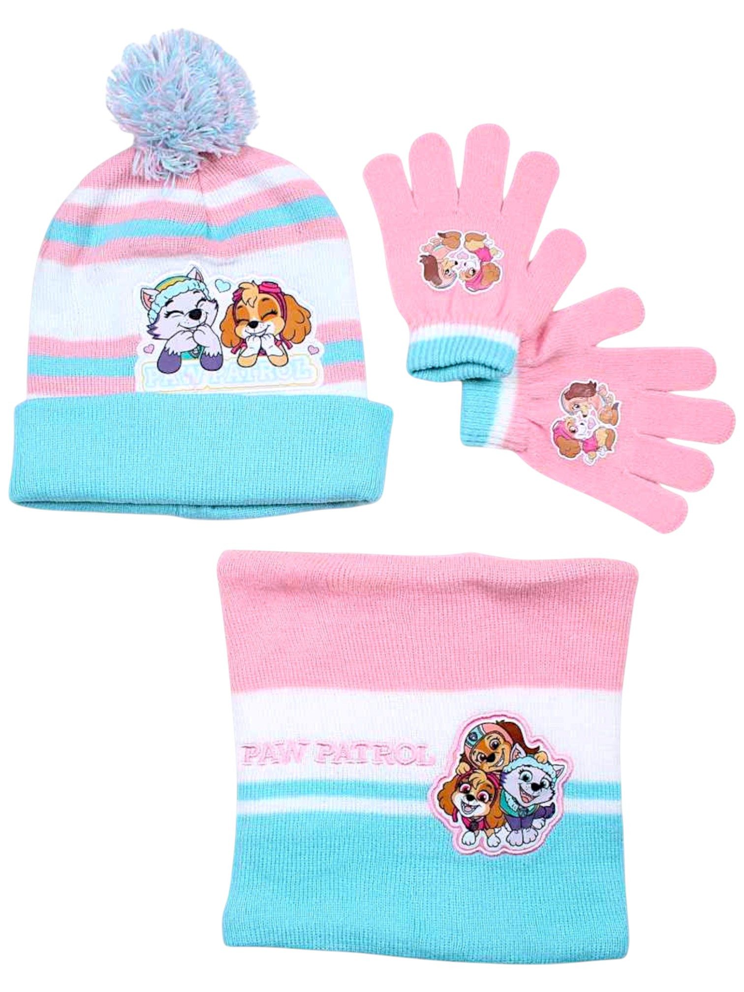 PAW PATROL Bommelmütze Skye, Everest & Liberty (3-St) Mädchen Winter-Set Mütze Einheitsgröße 2-5 Jahre