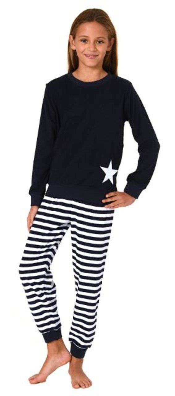 mit Normann Frottee Sterne-Optik Kuscheliger Mädchen navy in Pyjama Bündchen Schlafanzug