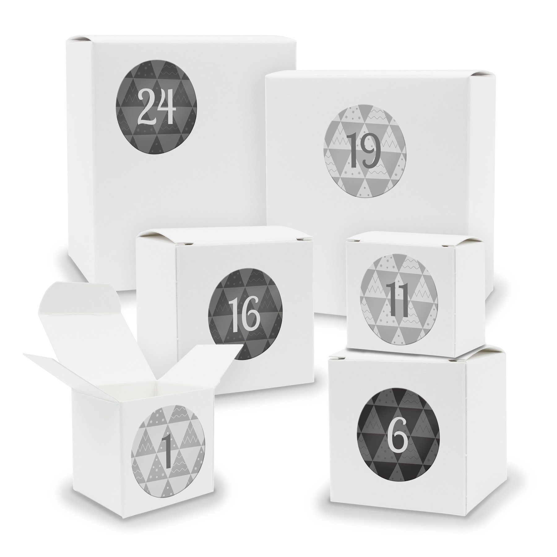 itenga befüllbarer Adventskalender Adventskalender zum Füllen 24x Quader Würfel gemischt WEISS + Sticker