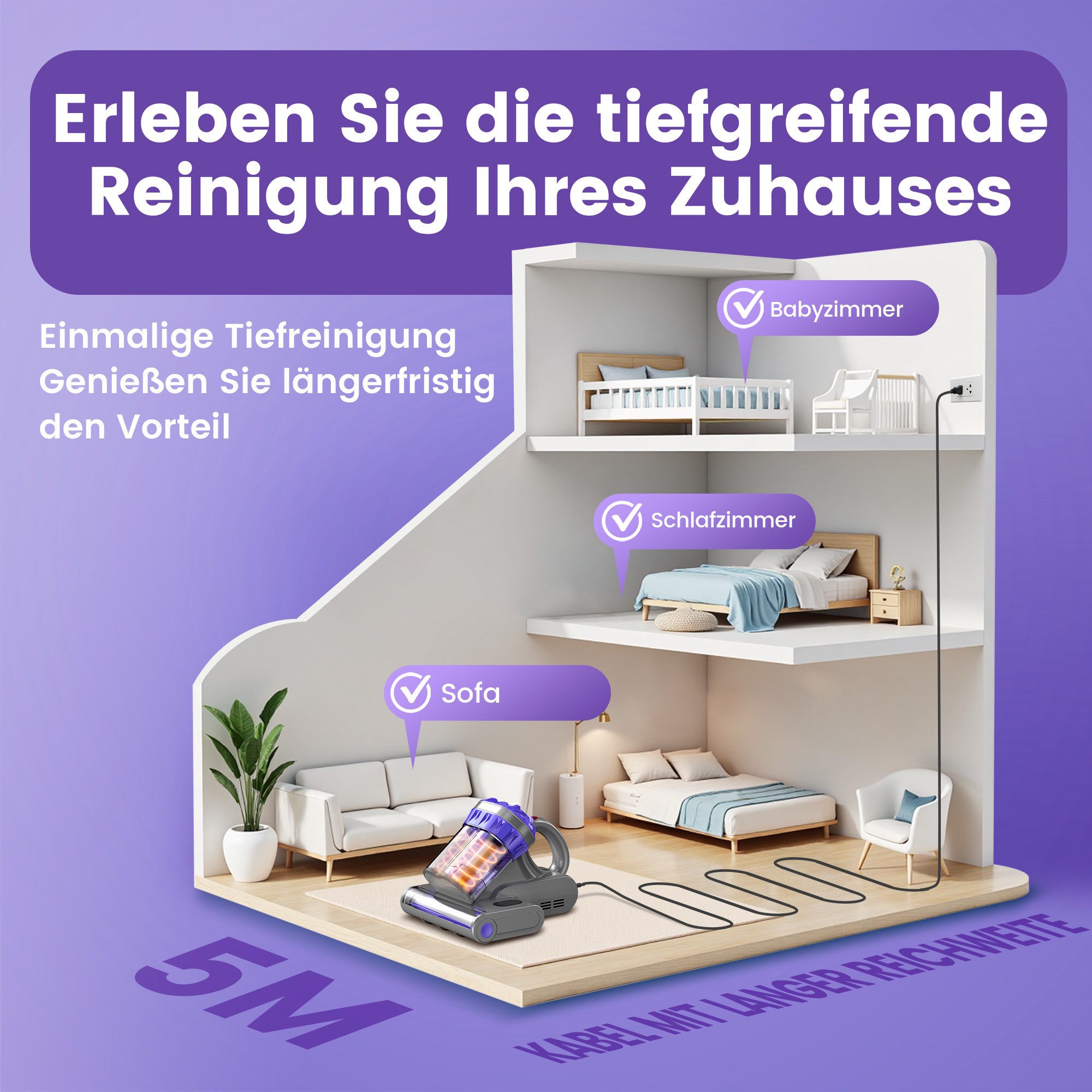 INSE Matratzenreinigungsgerät M1 Matratzenreinigungsgerät Milbenstaubsauger mit UV-Licht & Heißluft, 550 W, beutellos, 550W MOTOR,16KPA STARKE SAUGKRAFT,UV-C LICHT,65℃ HEIßLUFT,5M Kabel