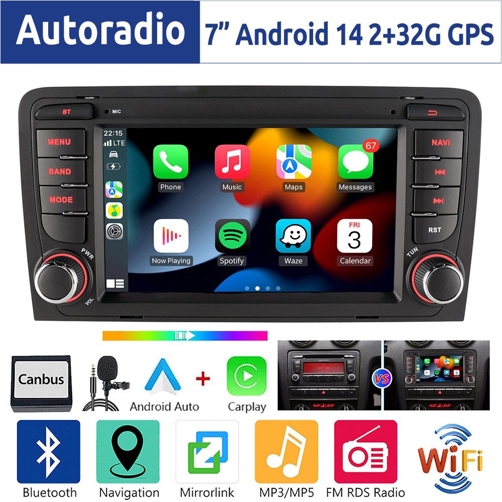 ESSGOO 7" Android 14 Für Audi A3 8P 2003-2012 S3 2006-2012 RS3 GPS Navi Autoradio (DAB+ (optional), FM, RDS, 2+64GB(optional), Wireless Carplay Android Auto Bluetooth EQ USB WIFI Touchscreen SWC)