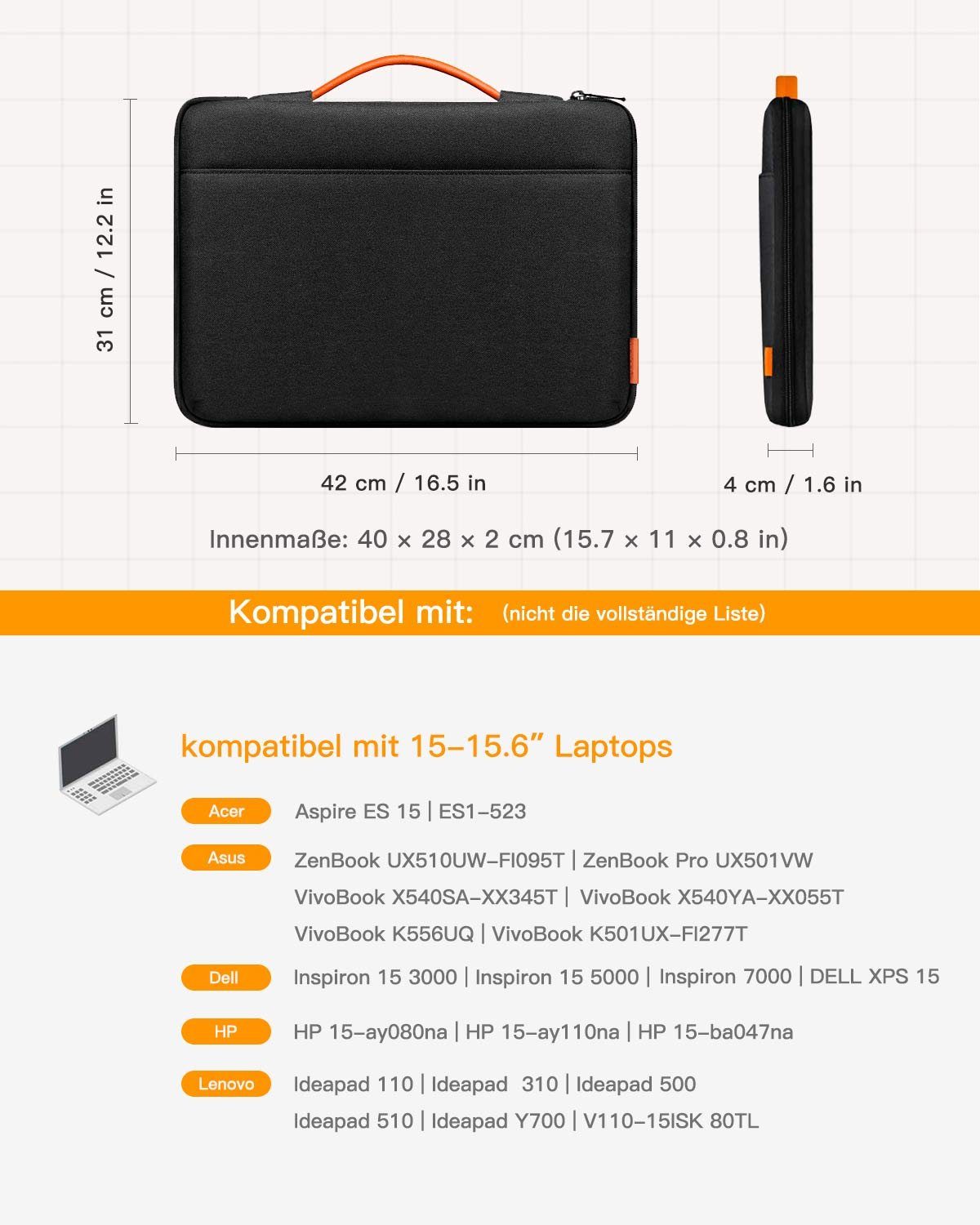 Inateck Laptop-Hülle 15.6 Zoll Laptoptasche Stoßfestes Spritzwasserfest