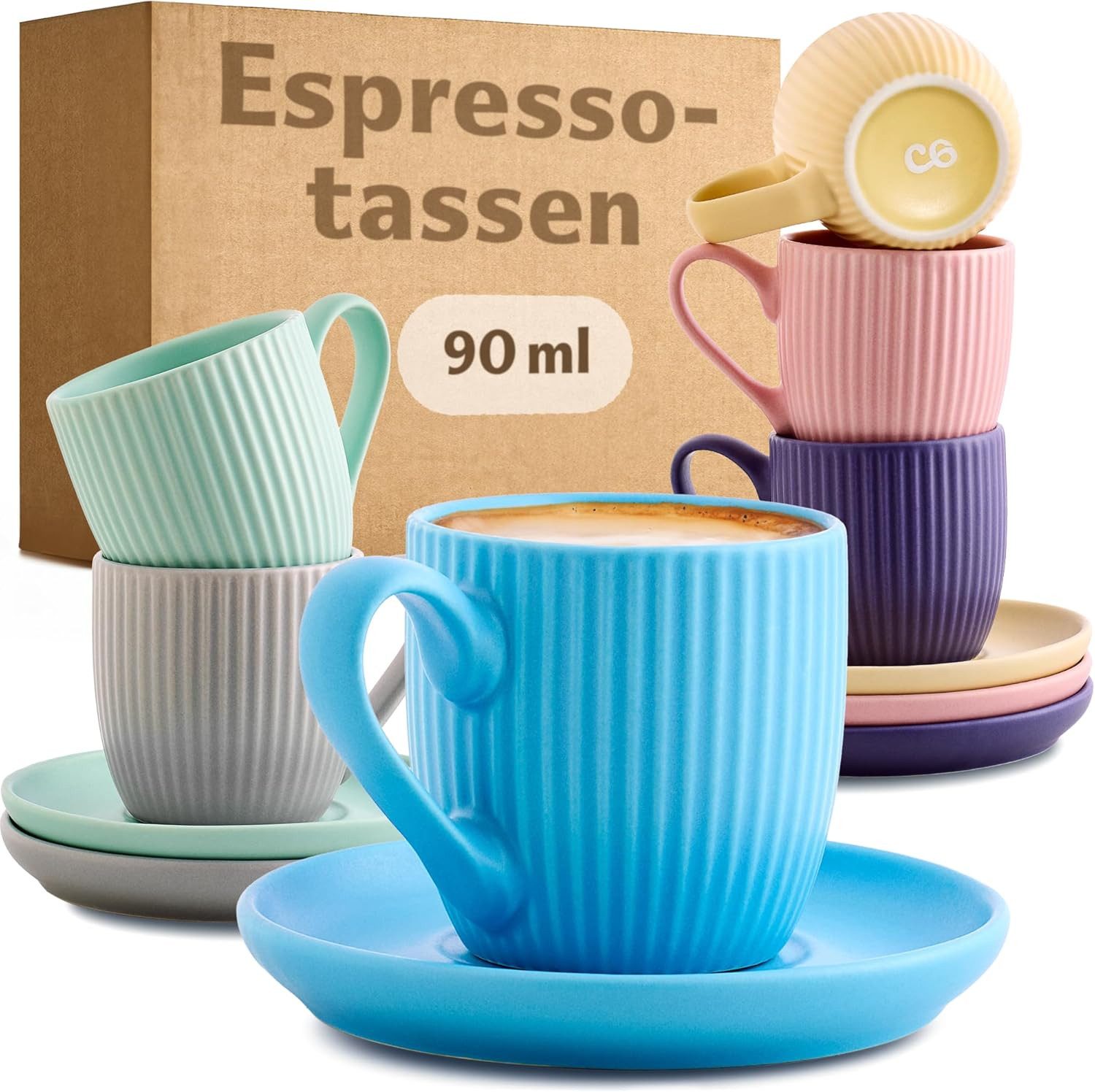 Cosumy Espressotasse Espressotassen Farbig Pastel Matt 6er Set, 12-tlg., Keramik, Spülmaschinengeeignet
