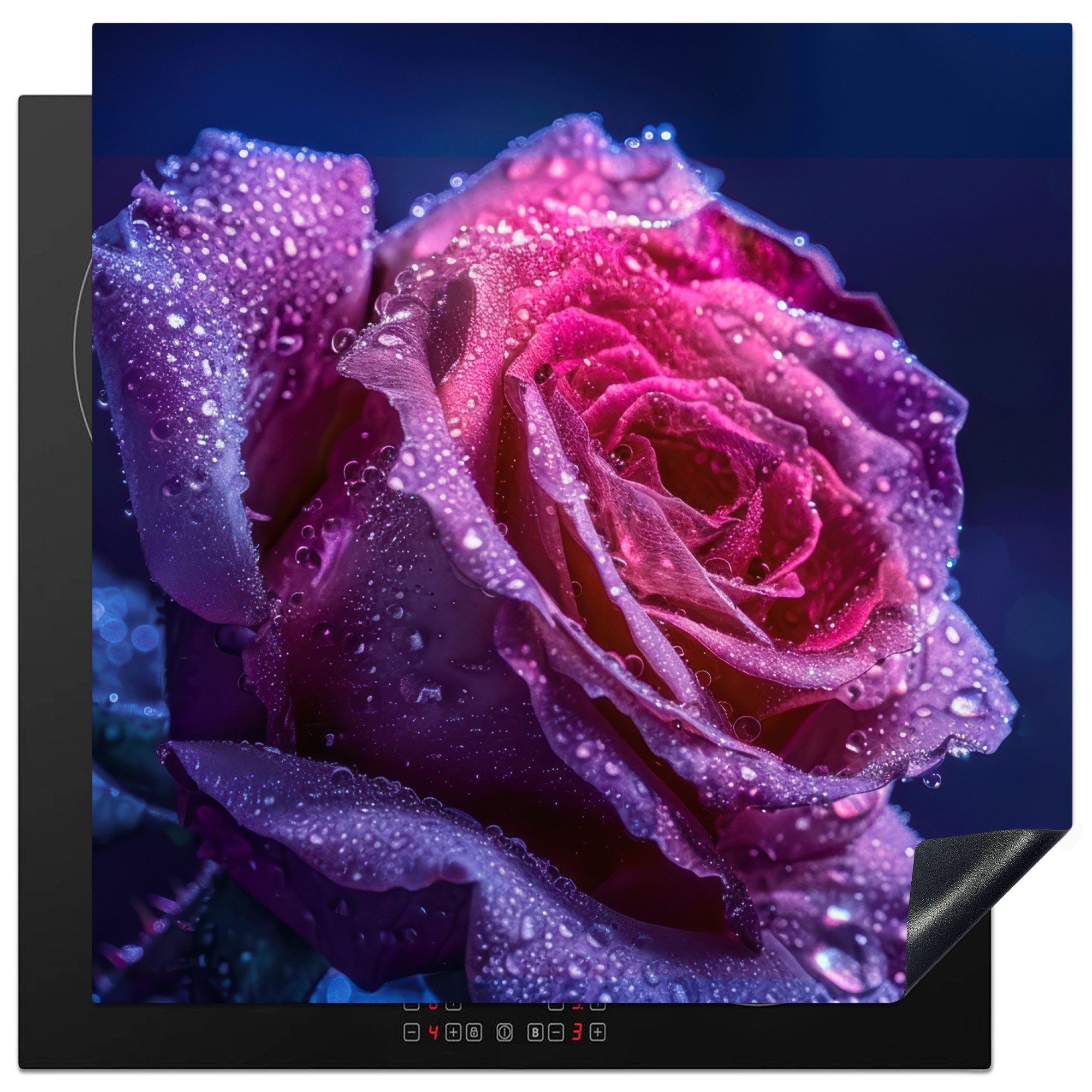 MuchoWow Herd-Abdeckplatte Blume - Rose - Regentropfen, Vinyl, (1 tlg), Cerankochfeld Abdeckung, Herd Abdeckplatten Vinyl, 58x59 cm