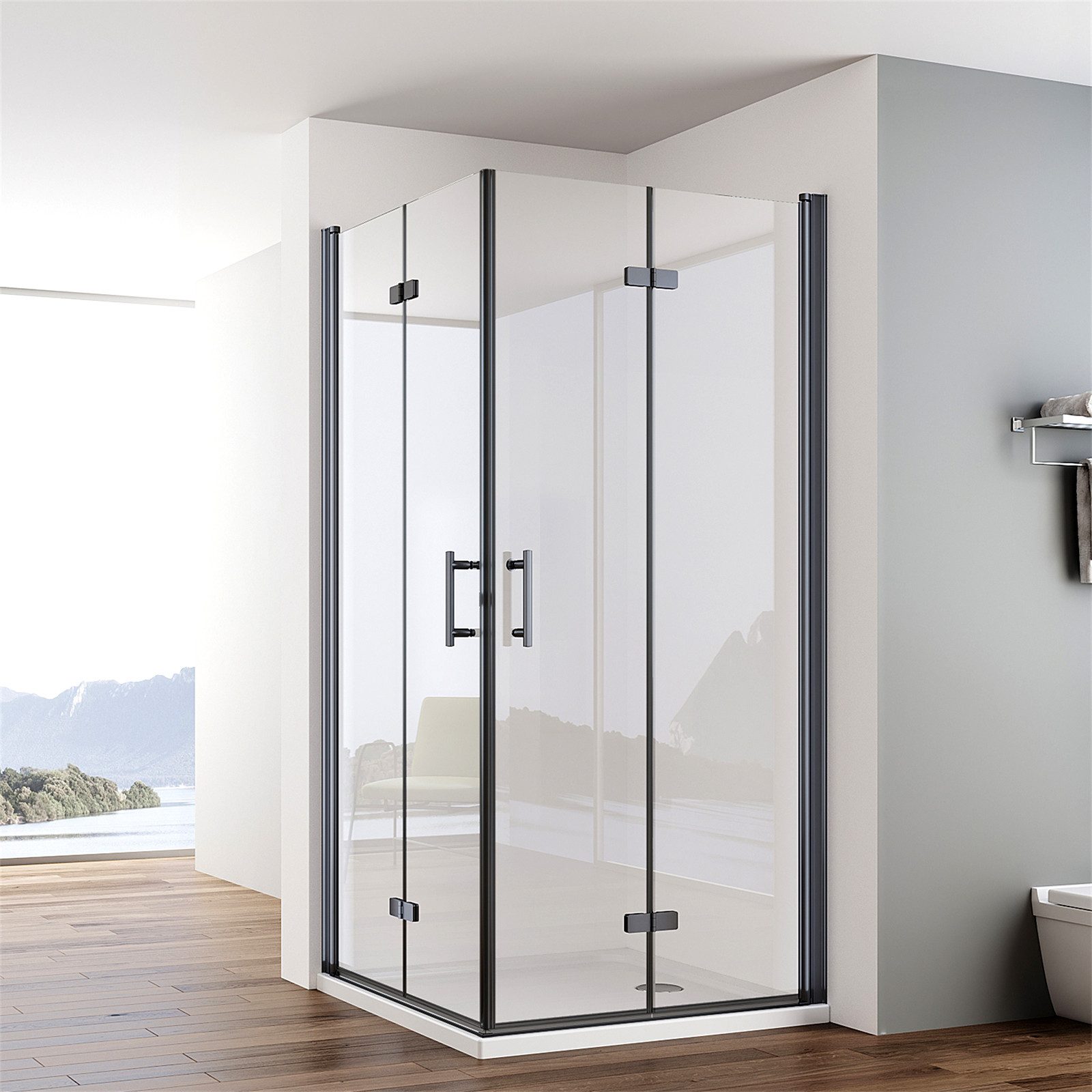 IMPTS Eckdusche Duschkabine Schwarz Eckeinstieg 180º Eckig Faltbar Dusche Falttür, BxT: 70x75 cm, Einscheibensicherheitsglas, Sicherheitsglas, Set, mit hochwertigen Aluminiumprofilen in Matt Schwarz, Doppel Falttüren Falttürkabine Duschabtrennung Rahmenlos