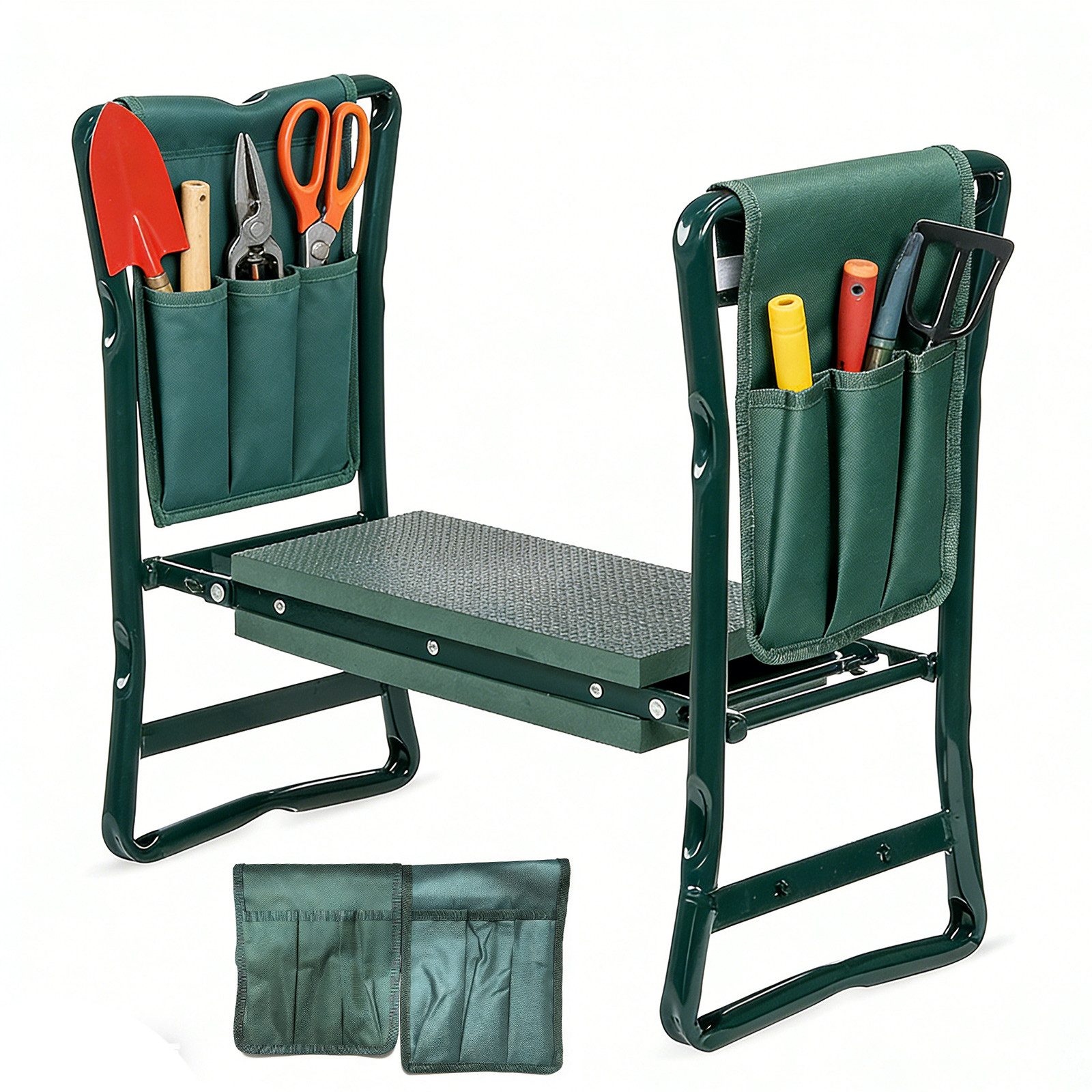 PFCTART Kniebank Gartenhocker mit Sitz und Kniekissen als klappbare Kniebank, BxLxH: 60x27x49 cm,(Set, Faltbar aus Metall mit EVA Polster, perfekt als Kniekissen für Garten), Gartensitz mit Werkzeugtaschen, ideal für Gartenarbeit und Zubehör