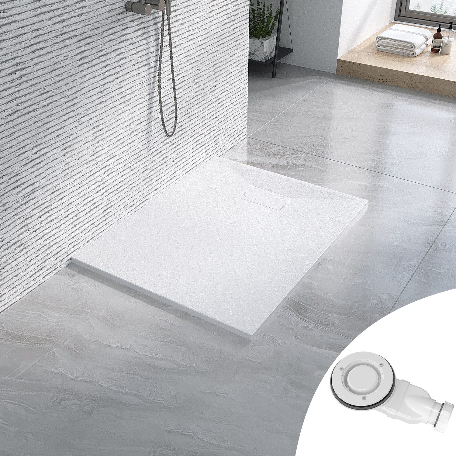 AQUABATOS Rechteckduschwanne Duschwanne 100x80 SMC Duschtasse Eckduschwanne Brausewanne, mit Ablaufgarnitur,weiß/schwarz,Anti-Rutsch,Zuschneidbar,Steinoptik,superflach,bodenebene Montage,Rechteck