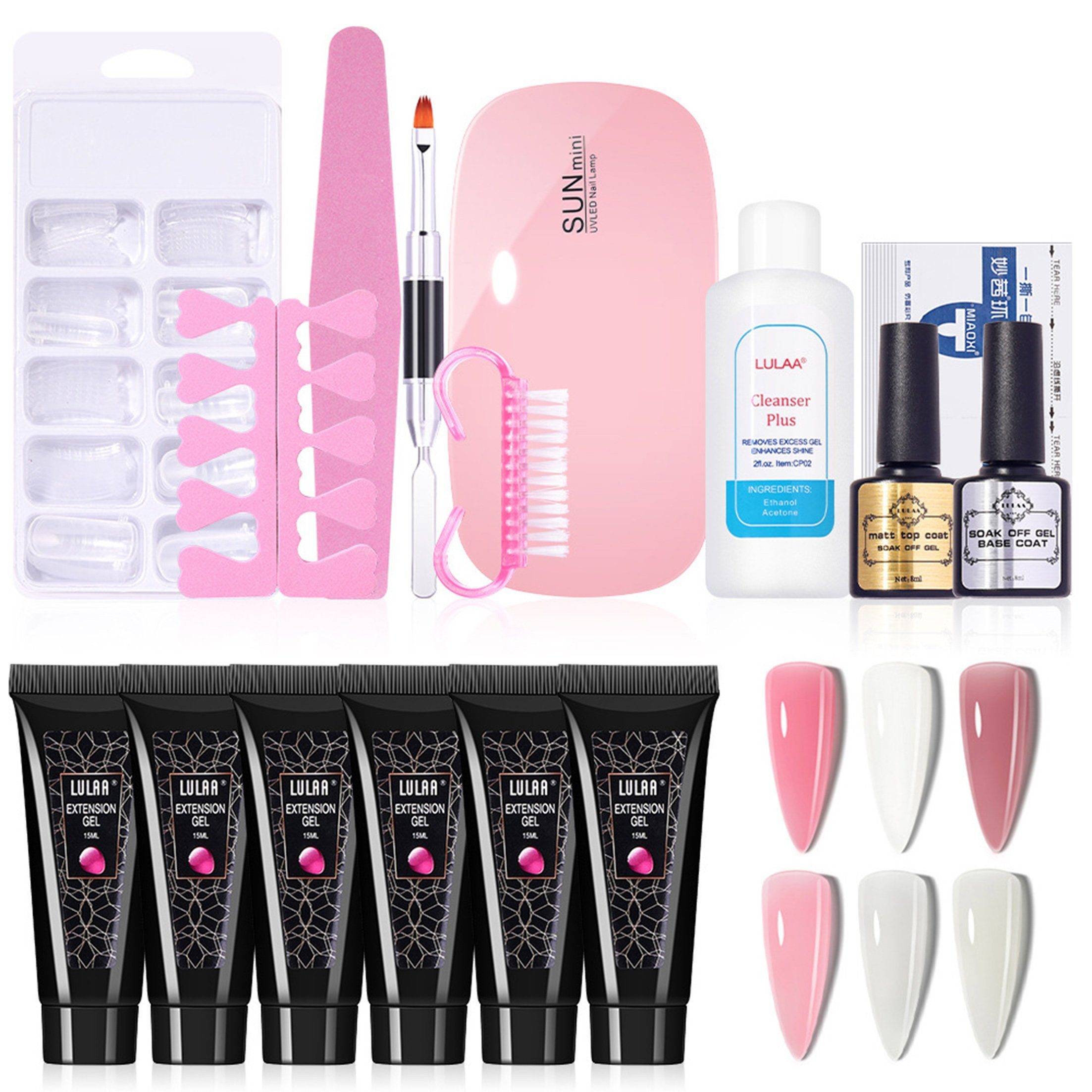 KINSI Lichthärtungsgerät Nagel-Gel-Set mit LED-Lampe & 6 Trendfarben,Verlängerungsgel, Inkl Basis-Topcoat,Komplett-Set für langanhaltende Maniküre