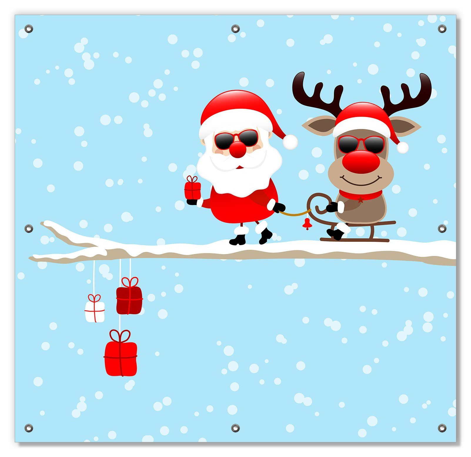 Sonnenschutz Cooler Weihnachtsmann mit Rentier auf einem Ast, Wallario, blickdicht, mit Saugnäpfen, wiederablösbar und wiederverwendbar