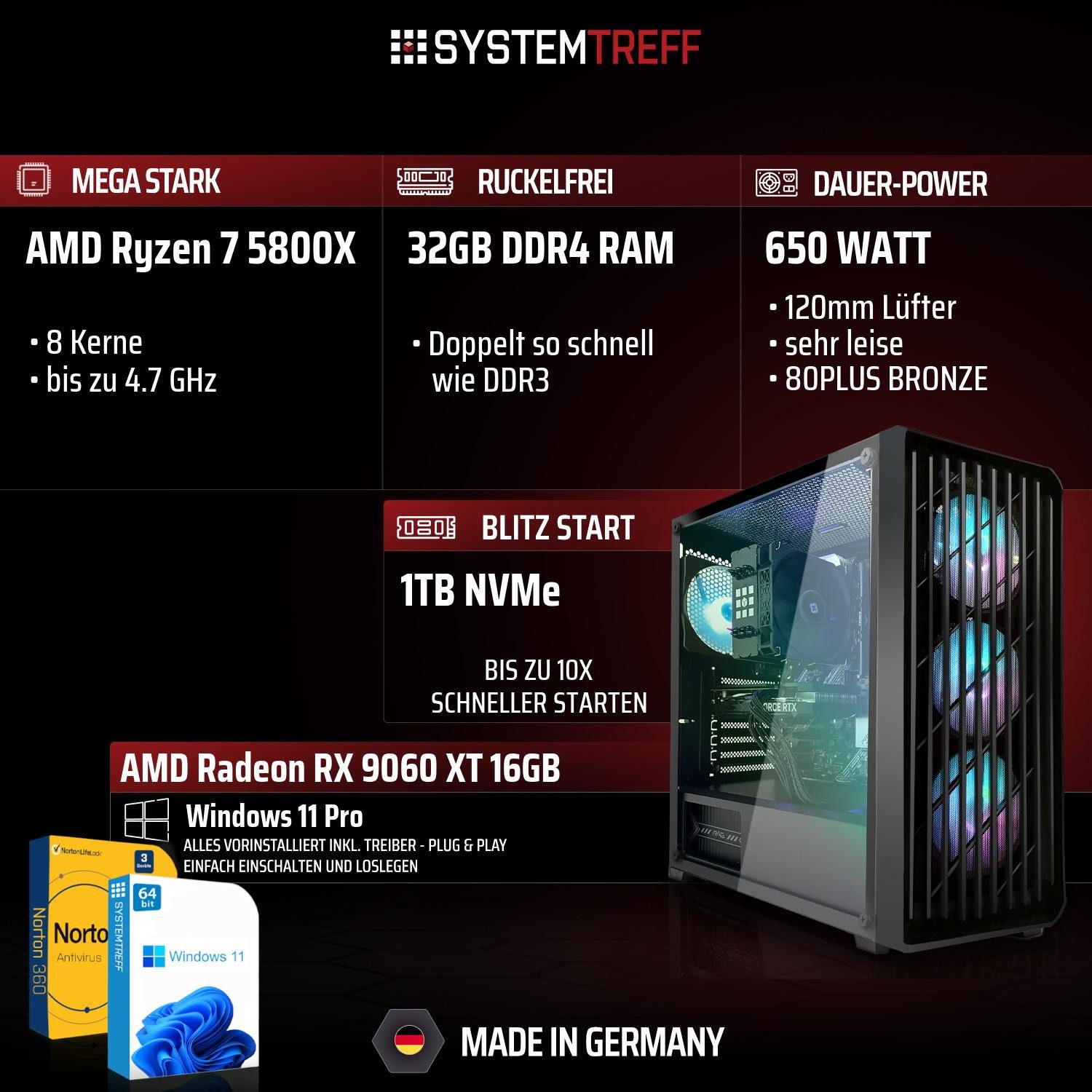 SYSTEMTREFF AMD Ryzen 7 5800X mit AMD Radeon RX 9060 XT 16GB Gaming-PC (AMD 5800X 5800X, Radeon RX 9060 XT, 32 GB RAM, 1000 GB SSD, Luftkühlung)