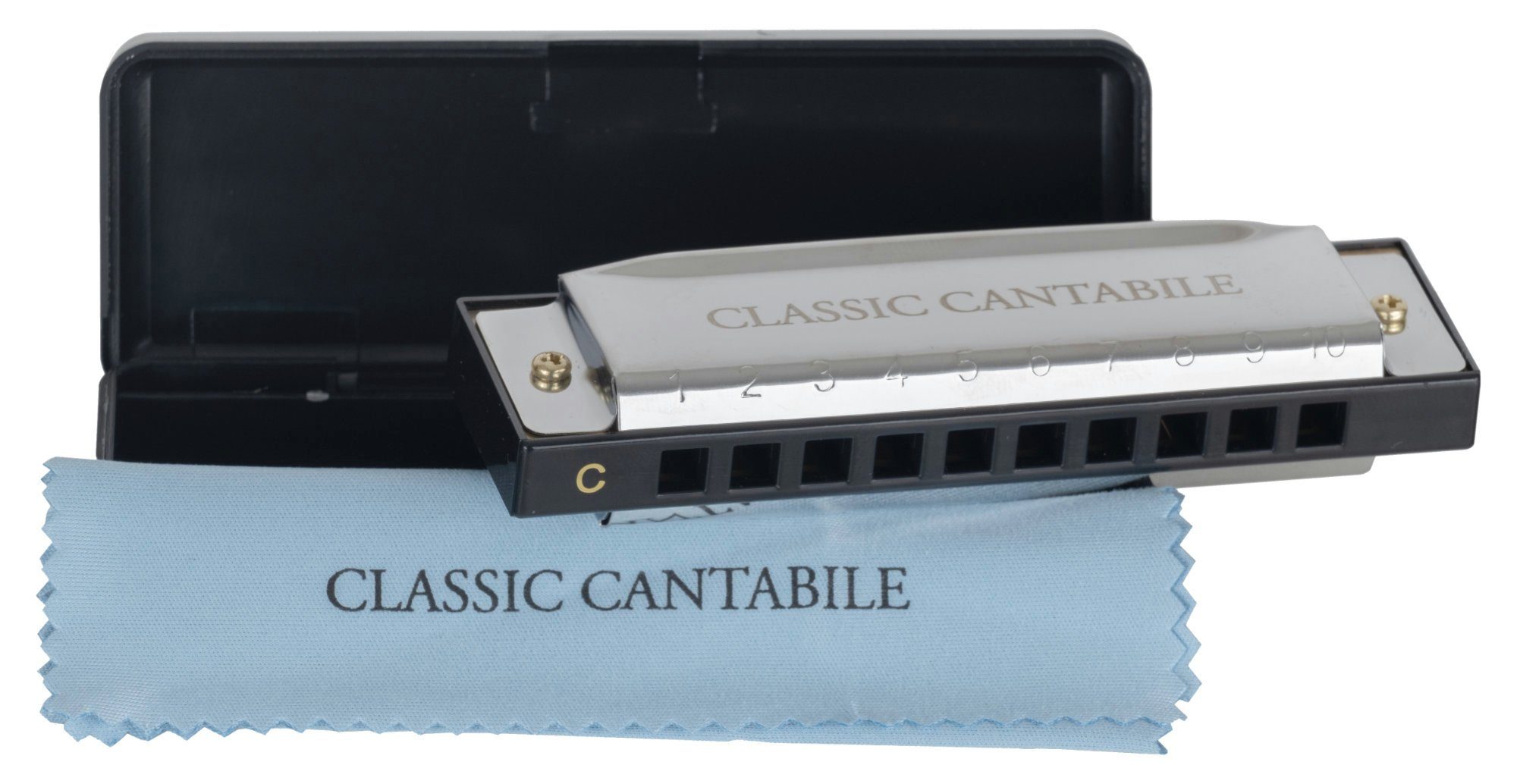 Classic Cantabile Mundharmonika AHB-150 ECO C-Dur, inkl. Etui & Pflegetuch, Stimmplatte aus Messing - verchromtes Edelstahl-Gehäuse