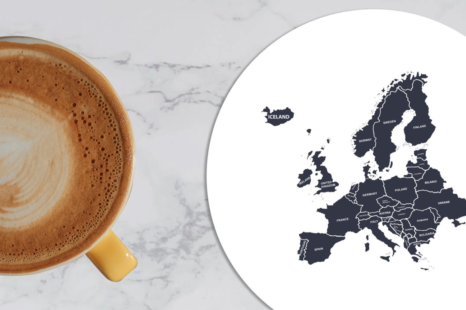 Karten Tassenuntersetzer, für Europa Weiß, Zubehör - - Schwarz Tasse, - MuchoWow Becher Korkuntersetzer, Getränkeuntersetzer, Gläser, 6-tlg., Glasuntersetzer