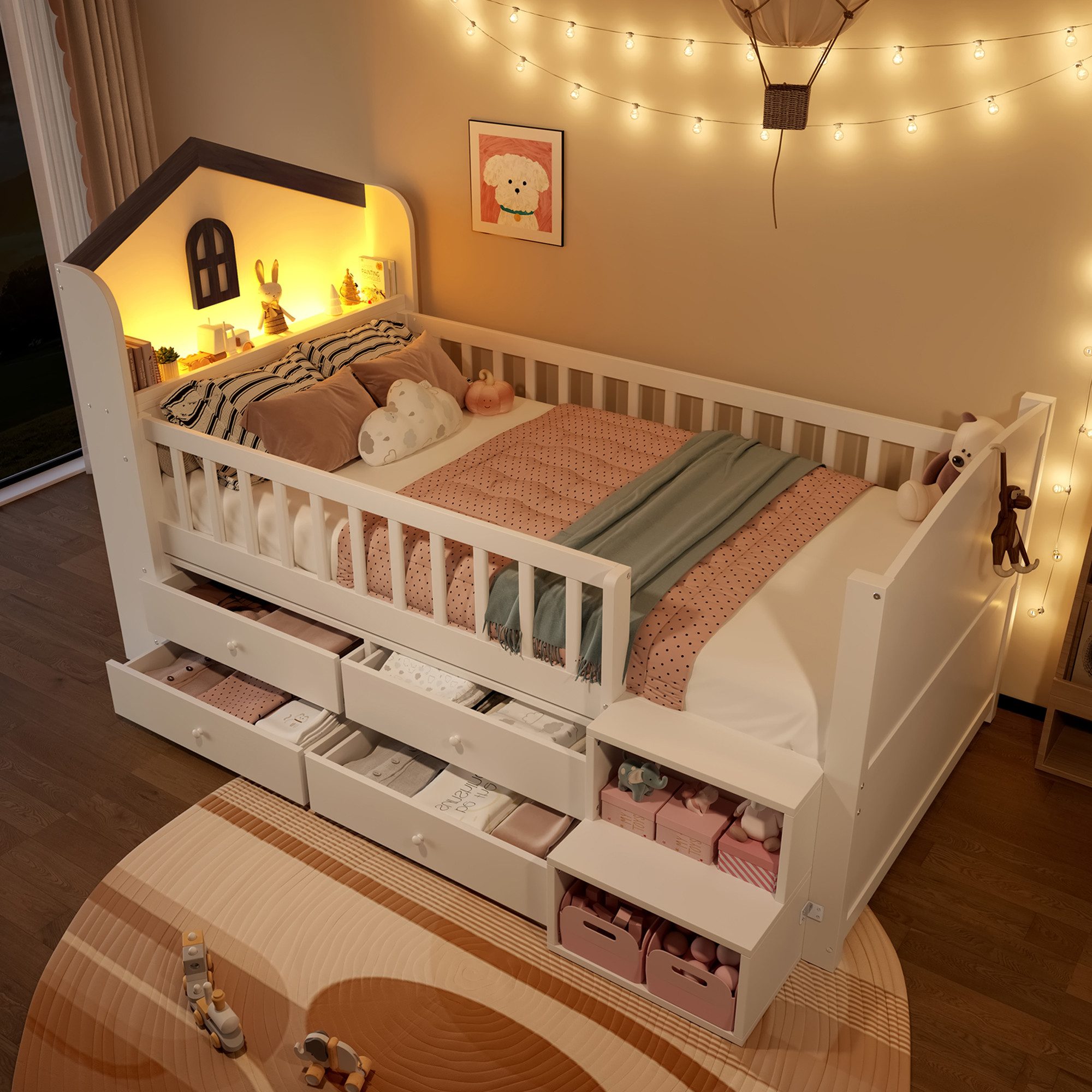 Flieks Kinderbett, Halbhohes Bett Hausbett Holzbett 90x200cm mit LED und 4 Schubladen