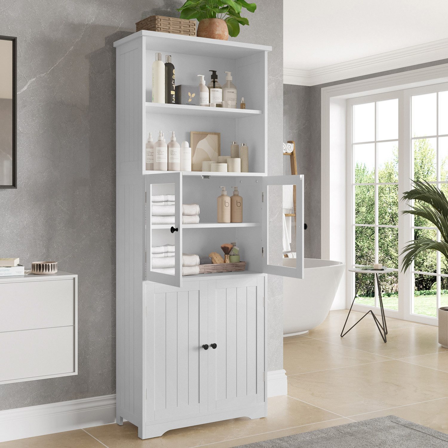 Flieks Hochschrank Badkommode Holzschrank mit Glastüren günstig online kaufen
