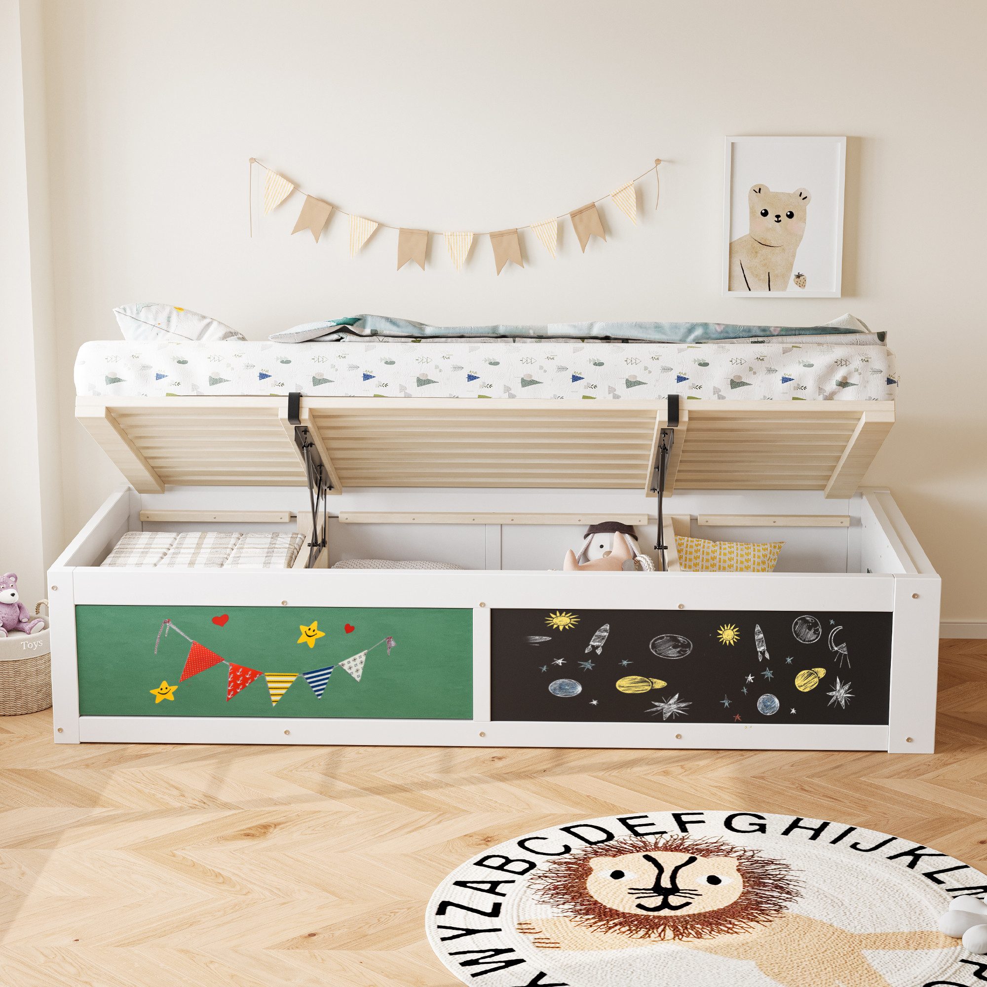 STILVORA Kinderbett 90×200 mit Schreibplatte,Holzbett Stauraumbett mit filzbezogener (mit Hydraulischer Verstellung, Schreibplatte und Stauraum, Links/Rechts Montierbar, 90x200cm), Inklusive Matratze