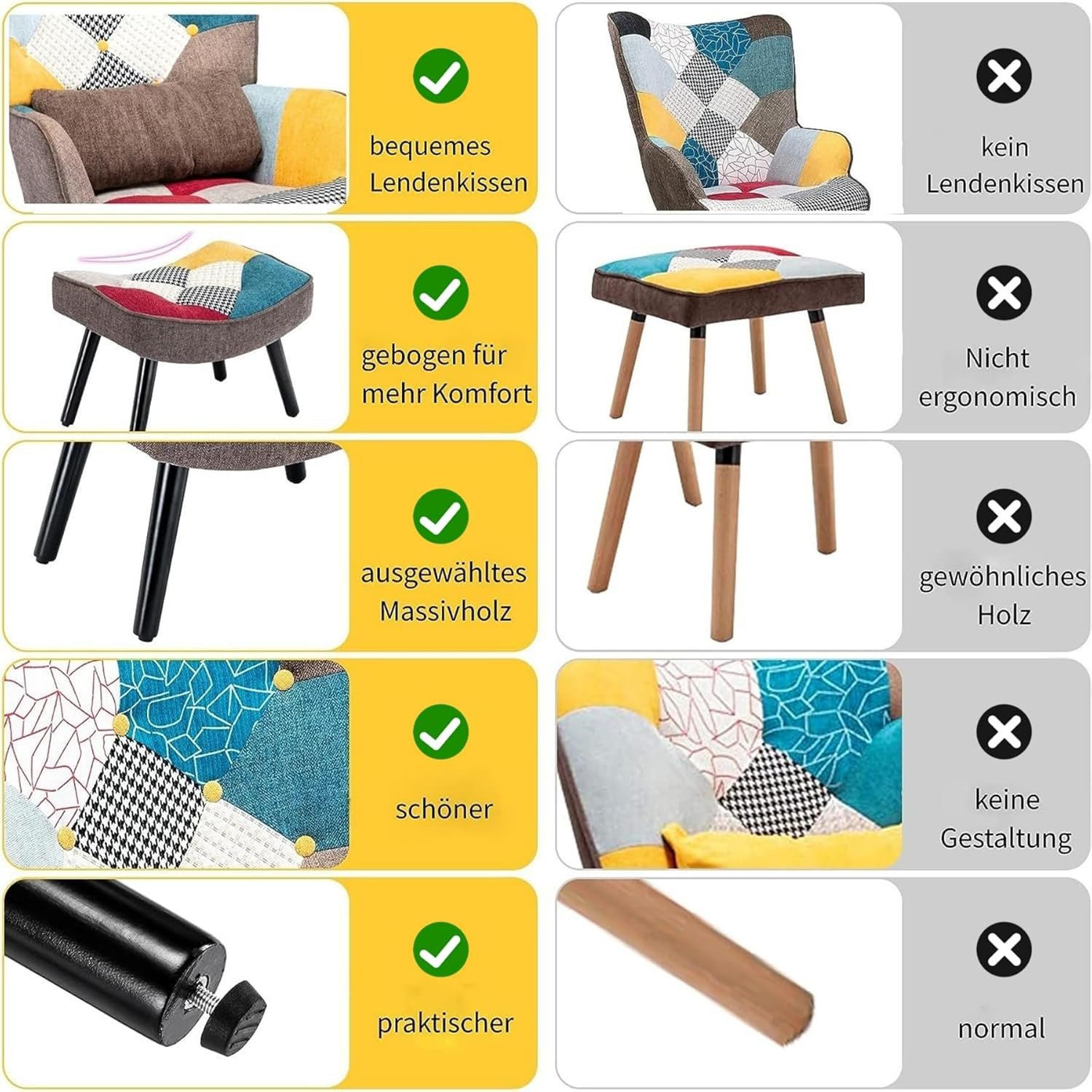 HomeMiYN Ohrensessel Relaxsessel Lehnstühle Patchwork Ohrensessel mit Hocker lesesessel, Chair