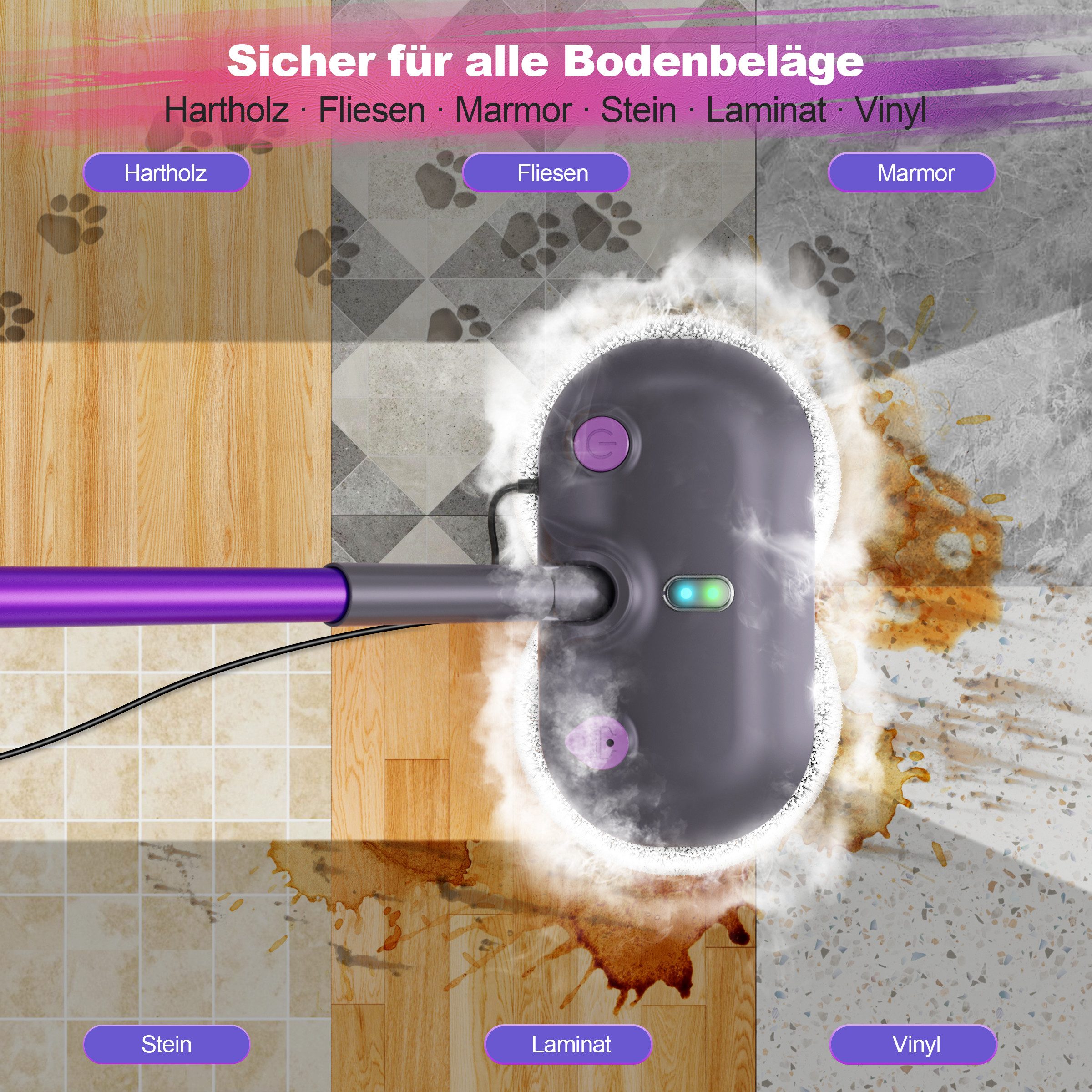 INSE Dampfreiniger F6 E-rotier-Dampfmop mit 450‑ml‑Wassertank/höhenverstellbar/LED‑Blt., 1500 W, 4 waschbare Mikrofaser‑Pads/7m Netzkabel für Fliesen/Laminat/Ha – Bild 3 von 5