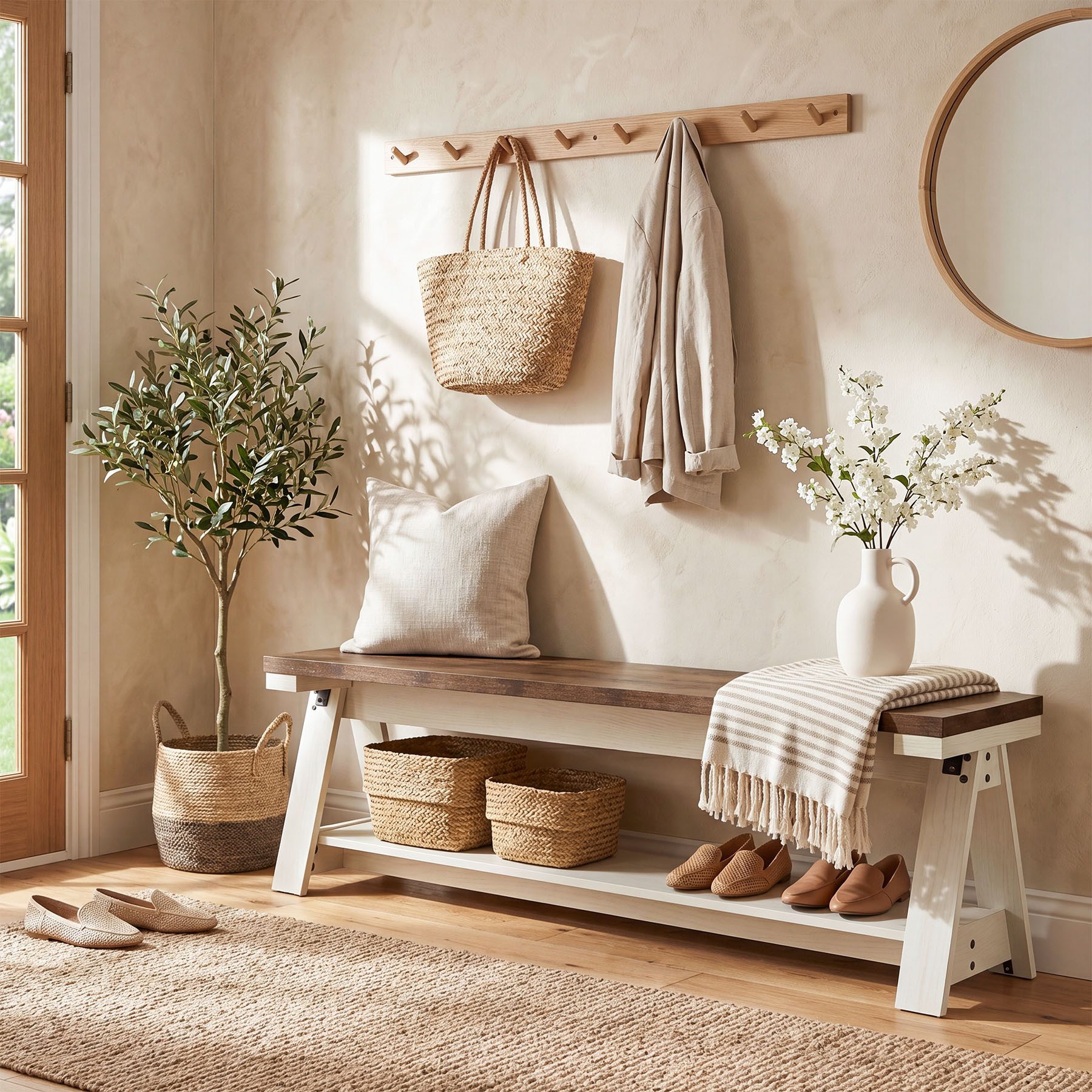 Tribesigns Schuhbank 150 cm lange Holz-Eingangsbank mit offenen Regalen, 2-stufige Bettbank (Landhaus-Esszimmerbank für Küche, Wohnzimmer, Flur, Schlafzimmer)