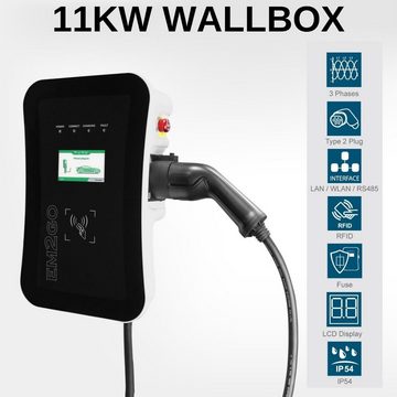 EM2GO stationär Elektroauto-Ladestation AC Wallbox 11kW 7.5m Typ 2 Kabel + LAN/WLAN/RS485 + OCPP-Backend, 11,00kW / 16A, 3 Phasen + N + PE, TYP 2 - Ladekabel 7,5m