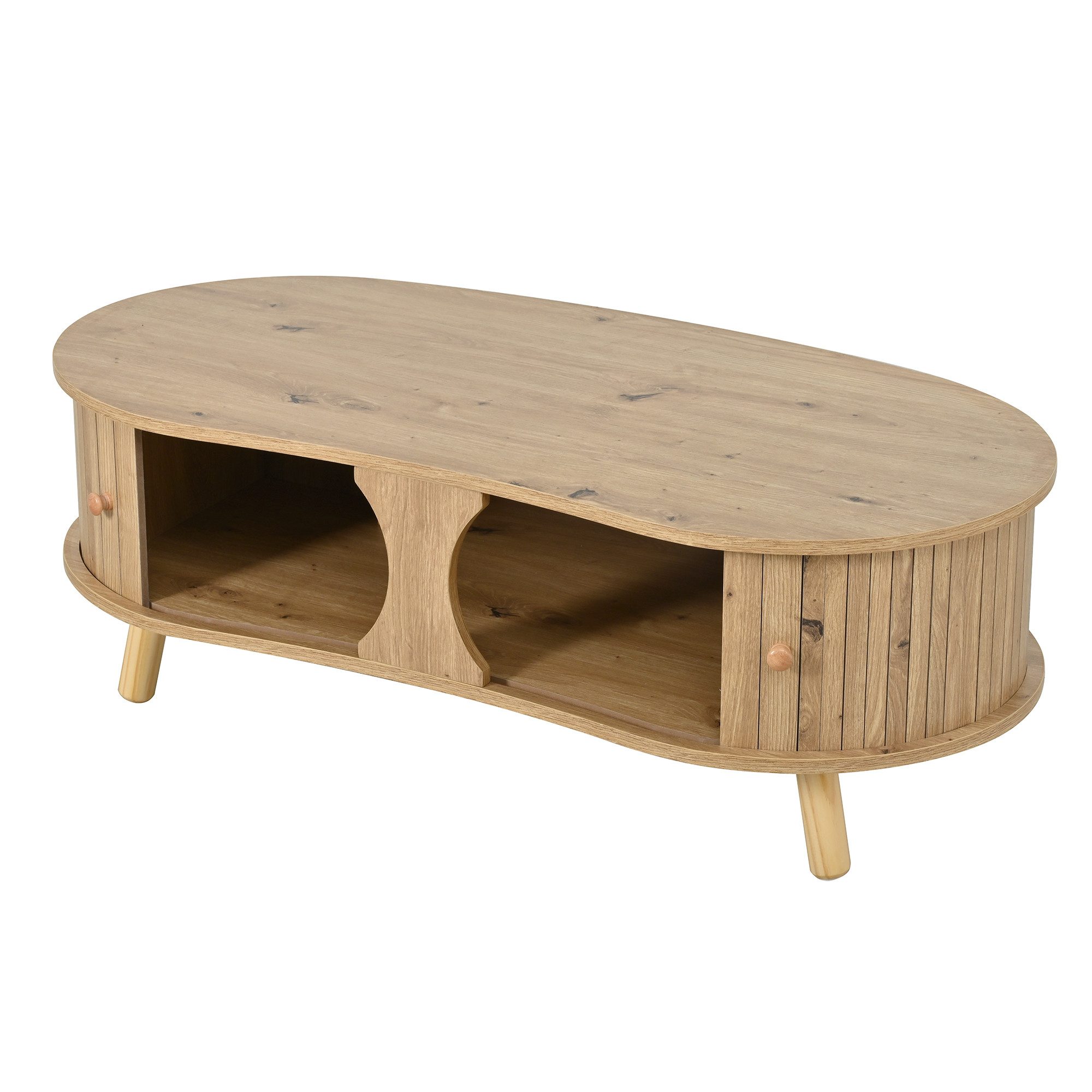Merax Couchtisch mit Erbsenform mit Rillenoptik, Sofatisch in Holzoptik (1-St., 108 x 50 x 37 cm), Wohnzimmertisch mit 2 Schiebetüren, Stauraum & Massivholzbeine