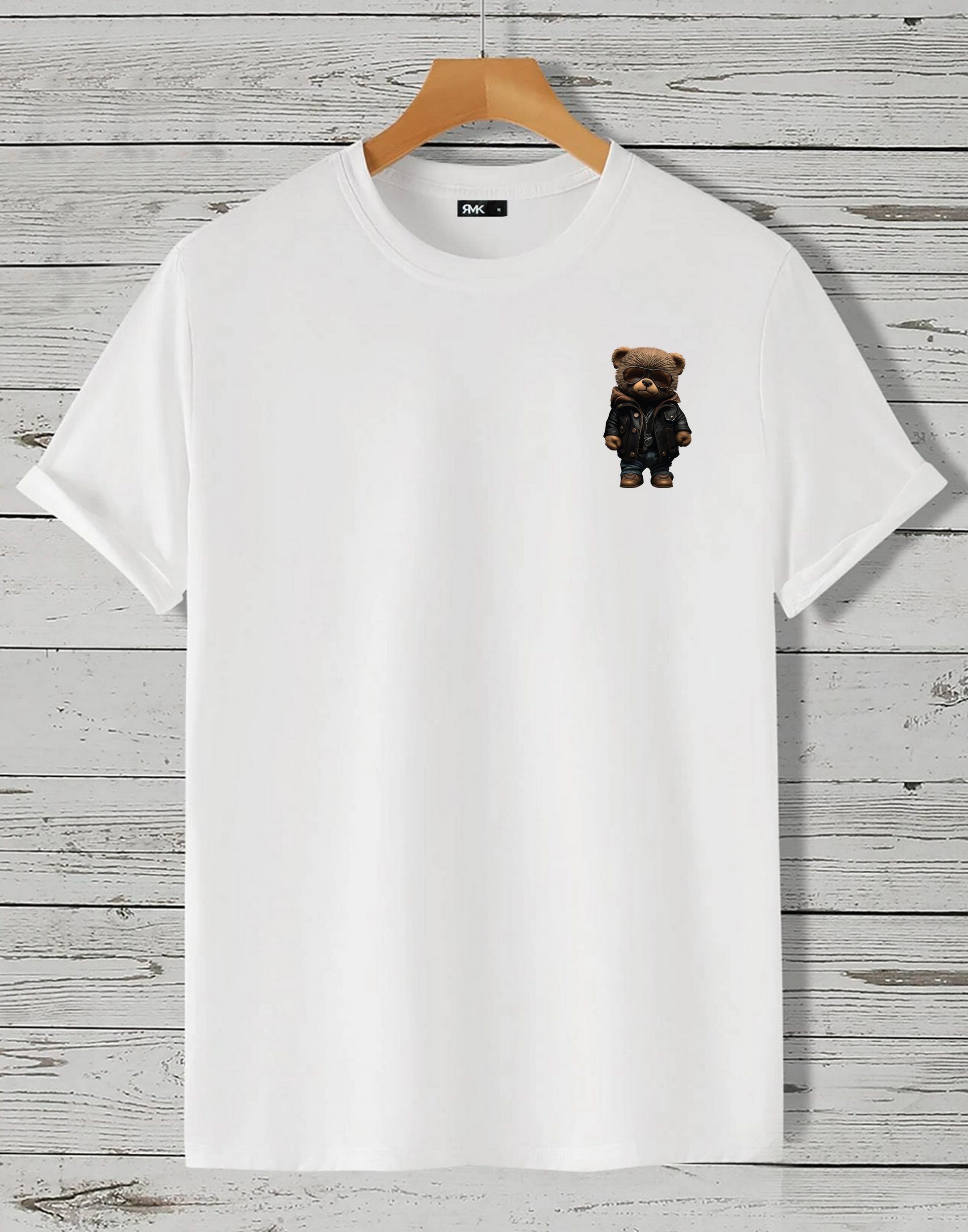 RMK T-Shirt Herren Shirt Rundhals Basic Druck (Teddybär Sonnenbrille Lederjacke) aus Baumwolle