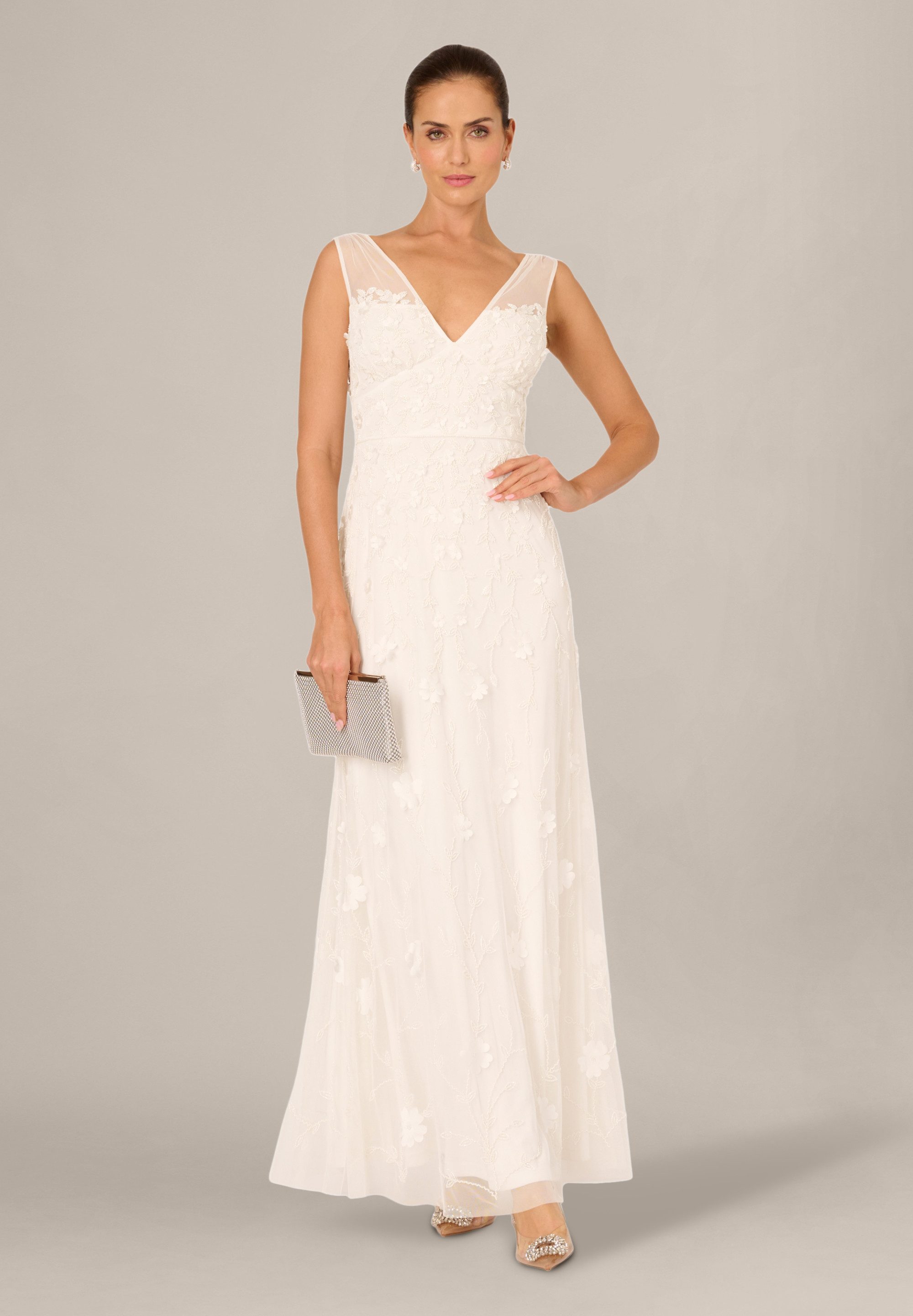 Adrianna Papell Abendkleid Flower Petal Bead Long Dress Bezauberndes Brautkleid aus Perlenstickerei und Mesh
