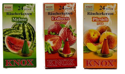 KNOX Duftkerze 3er Früchte Set: Melone / Erdbeere / Pfirsich, 72 Räucherkegel aus dem Erzgebirge - Made in Germany