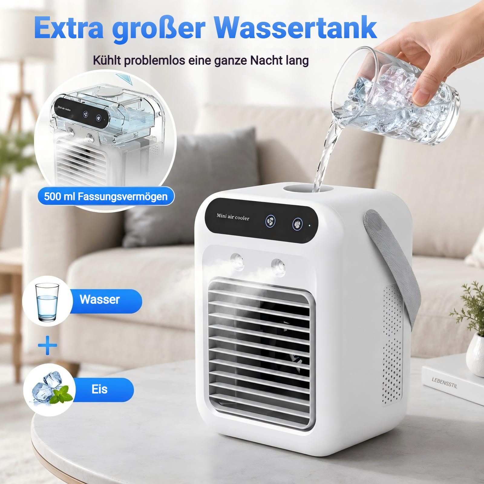 PRIISF Ventilatorkombigerät Mini Klimaanlage 4in1 Akku Tragbarer Luftkühler Sprühnebel Ventilator, 1800 mAh Akku Mobile Luftkühlgerät Leise Klimagerät 500ml Wassertank