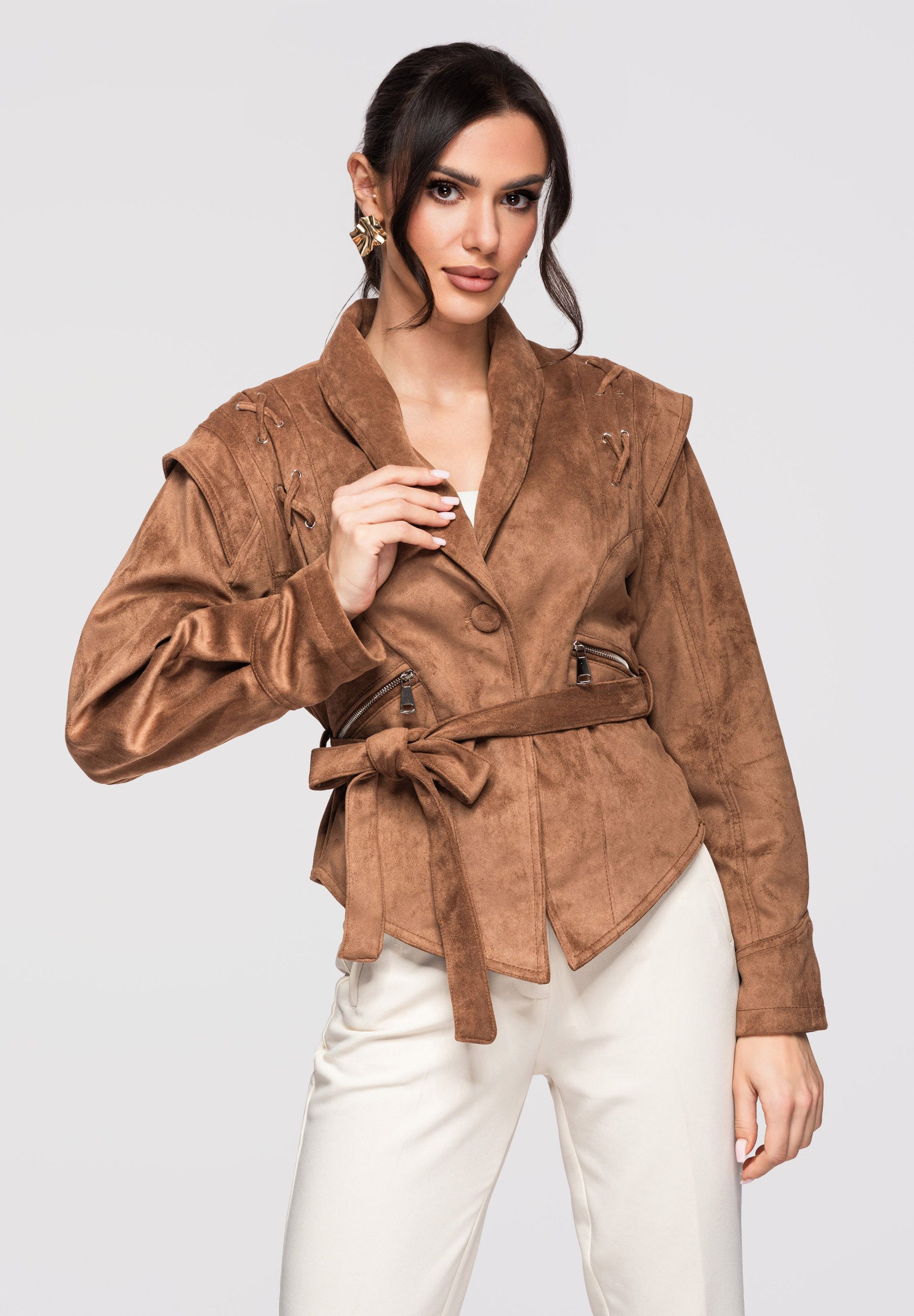 OMBRE Lederimitatjacke Kurze Damenjacke in Veloursoptik – Urbanes Power Dressing