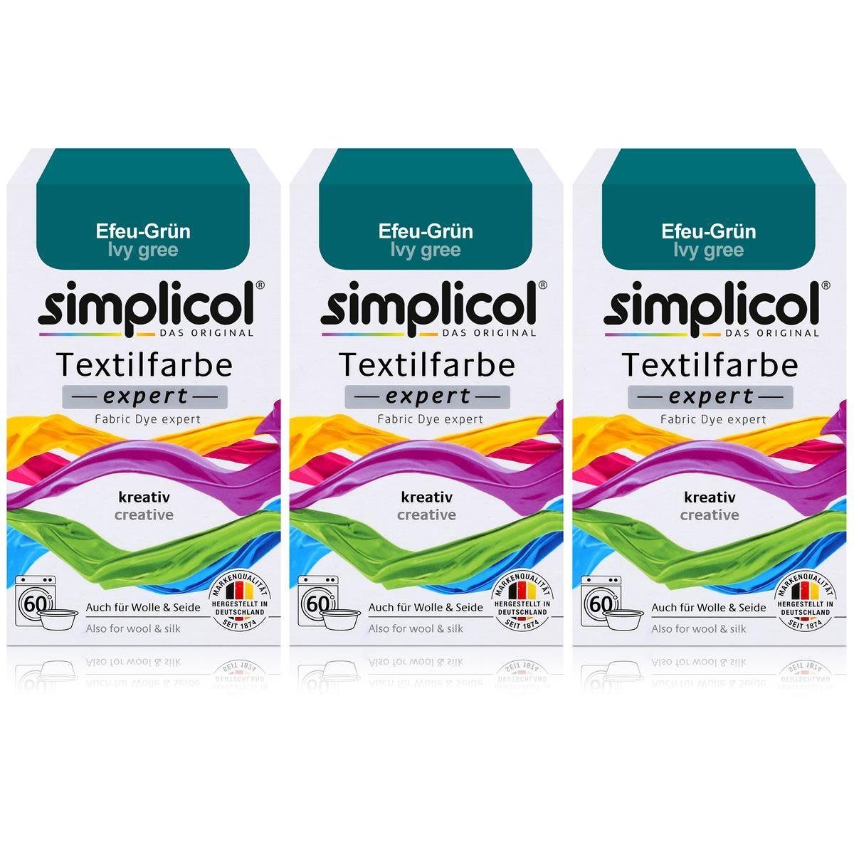 simplicol Textilfarbe Simplicol Textilfarbe expert Efeu-Grün 150g - Farbe zum Färben (3er Pa