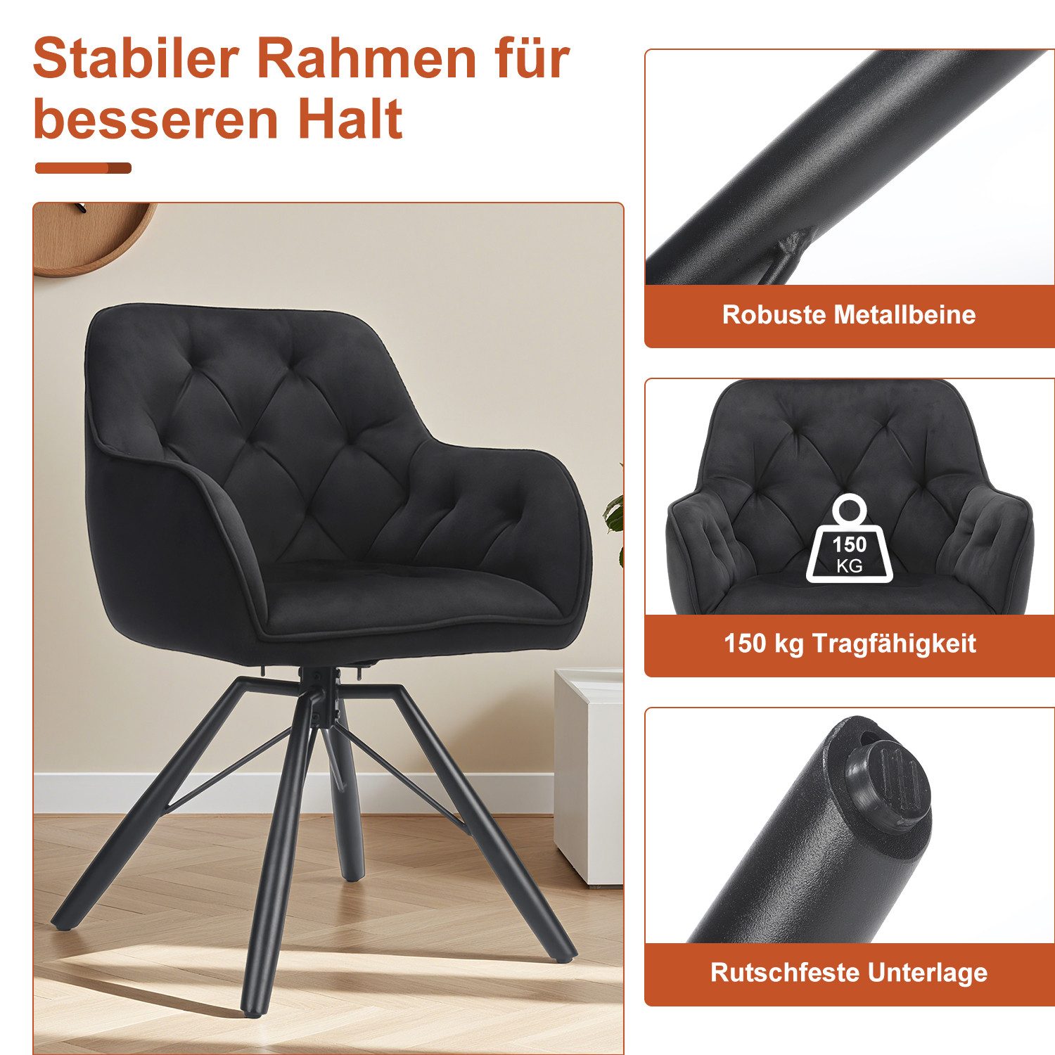 oyajia Polsterstuhl Esszimmerstuhl mit Armlehne Samt-Bezug Schwarz / Grau (360° drehbar · Federkern · Metall, 2 St) – Bild 5 von 5