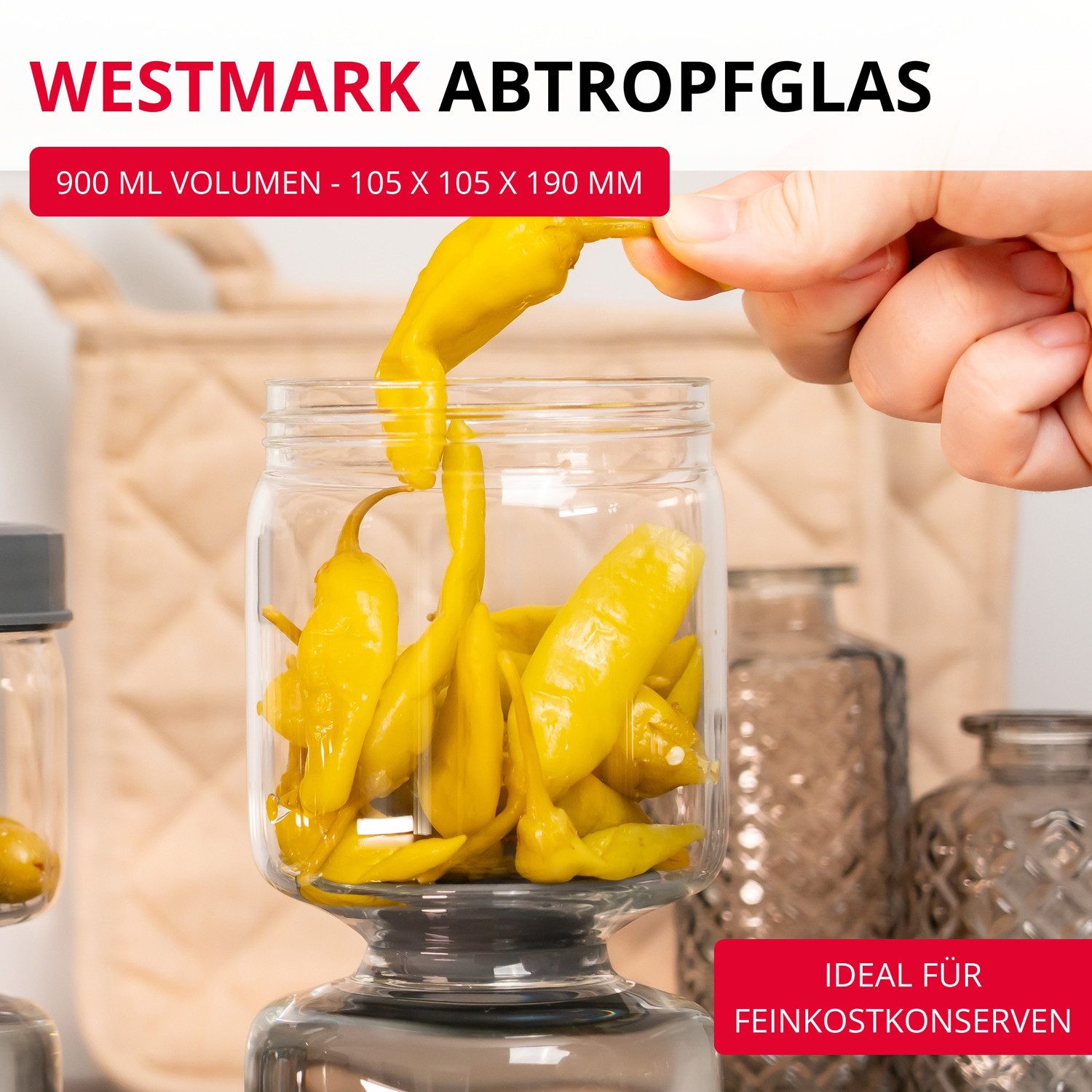 WESTMARK Küchensieb Abtropfglas 1 Stk – Einlegeglas, zum Abtropfen und Servieren, 900 ml, Borosilikat Glas, Silikon, PP – Bild 2 von 5