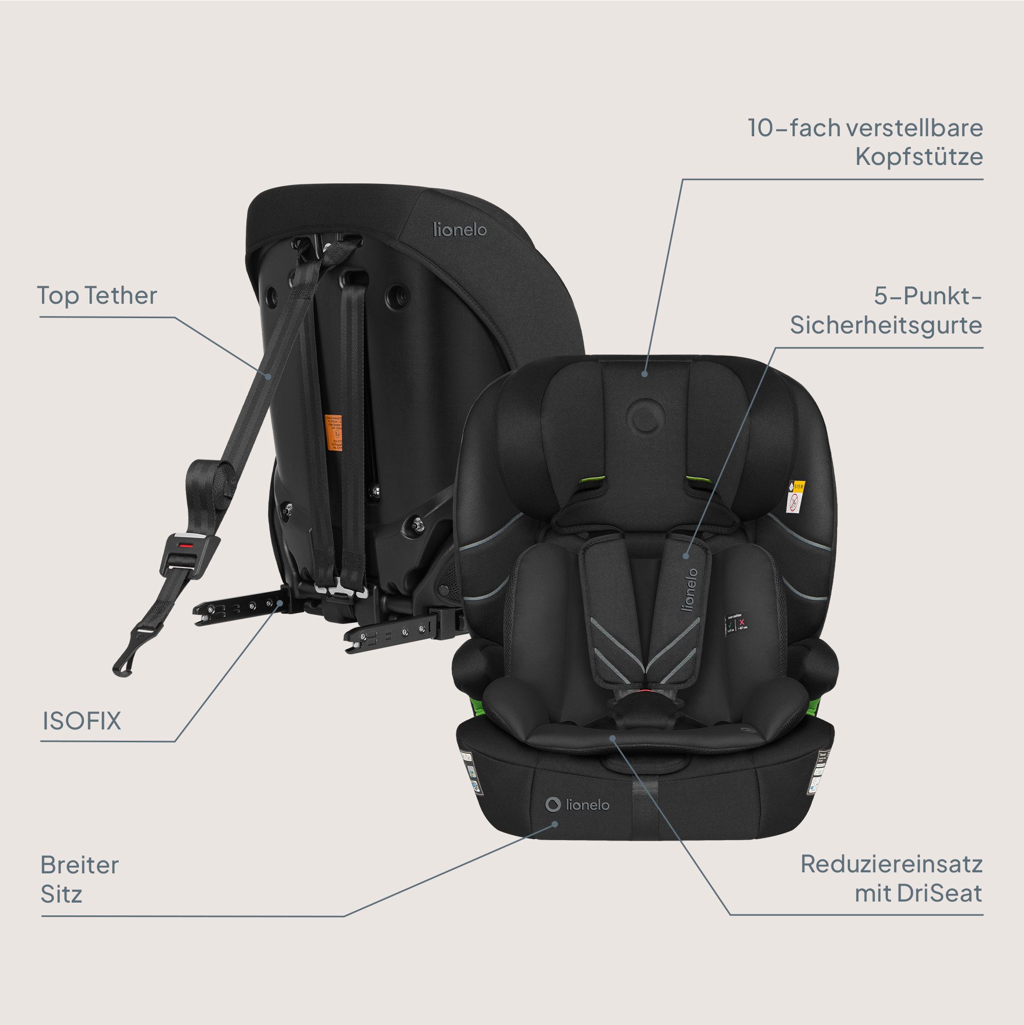 lionelo Autokindersitz LEVI FIX I-SIZE, ab: ab 15 Montaen, bis: Bis ca. 12 Jahre (150 cm), ab: 76 cm, bis: 150 cm, (Set), Dri-Seat/ISOFIX/TopTether/Reduziereinsatz/Komfort