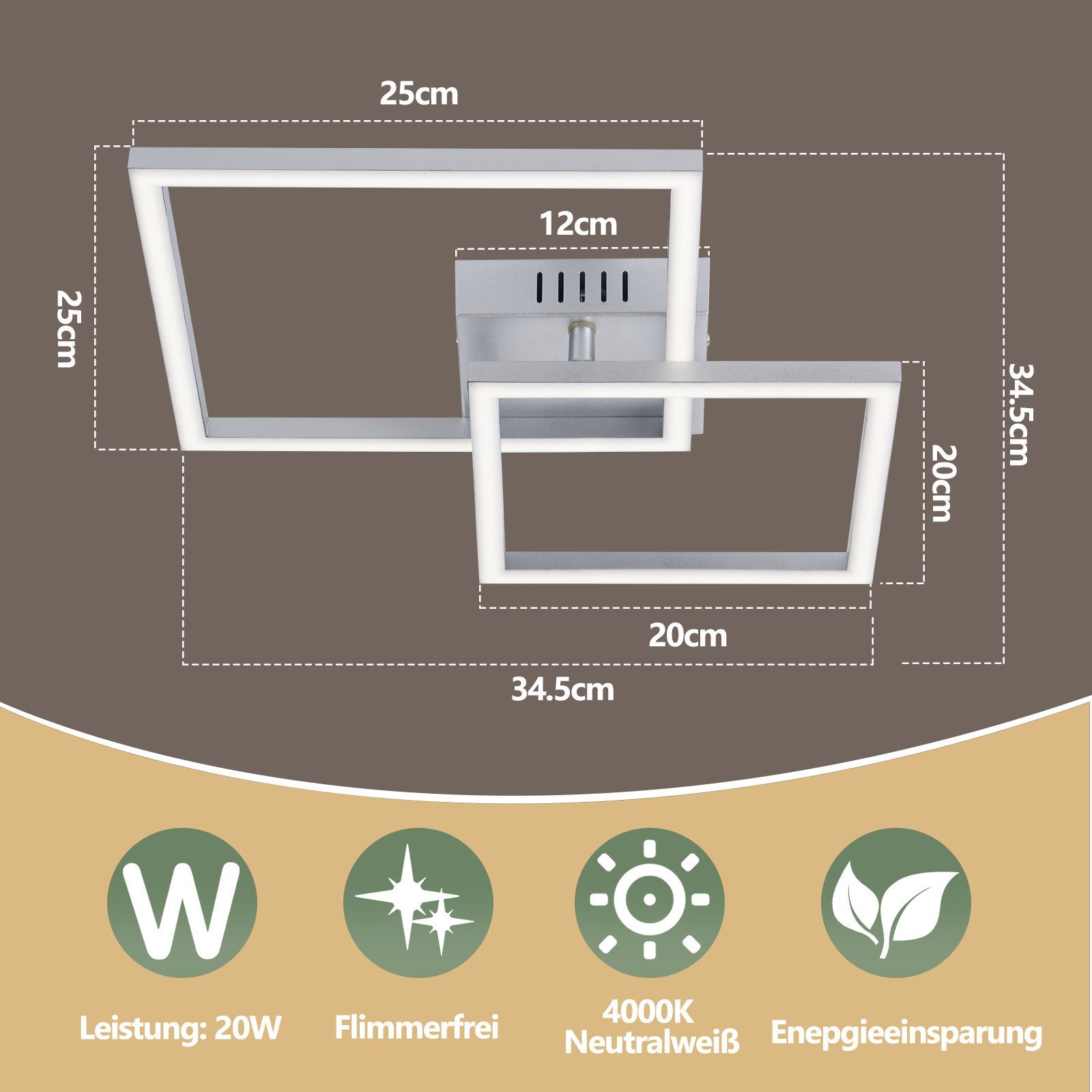 ZMH LED Deckenleuchte Wohnzimmer - Quadratisch Schwarz Eckig 3000K/4000K Deckenlampe Flur, Augenschutz, Einfache Installtion, LED fest integriert