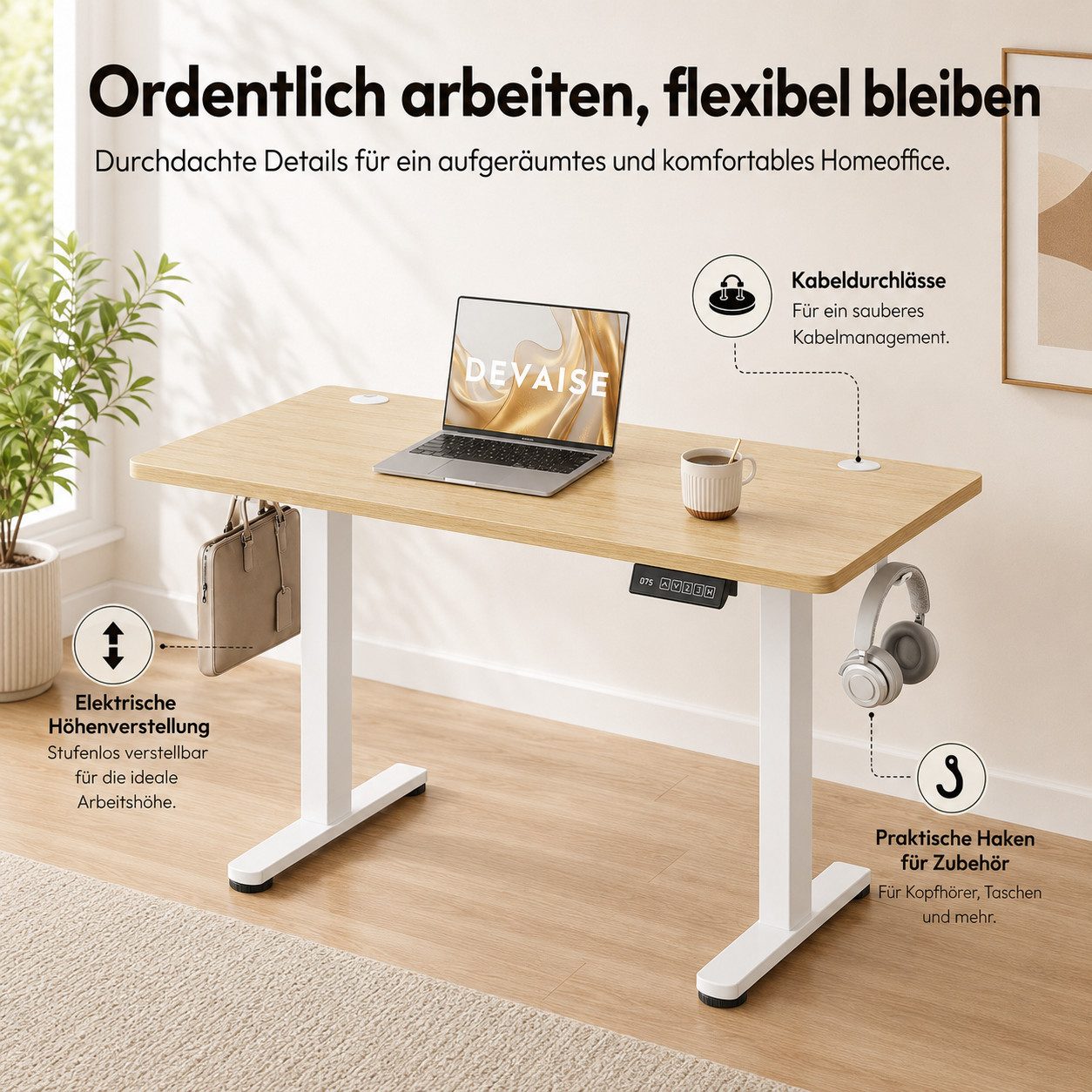 DEVAISE Schreibtisch Höhenverstellbarer Schreibtisch elektrisch 100×60 cm (Höhenverstellung 72–118 cm, Memory-Funktion für 3 Höhen, leise <50 dB, 1 Tisch), Ergonomischer Computertisch für Büro, Home Office, Farbe Eiche
