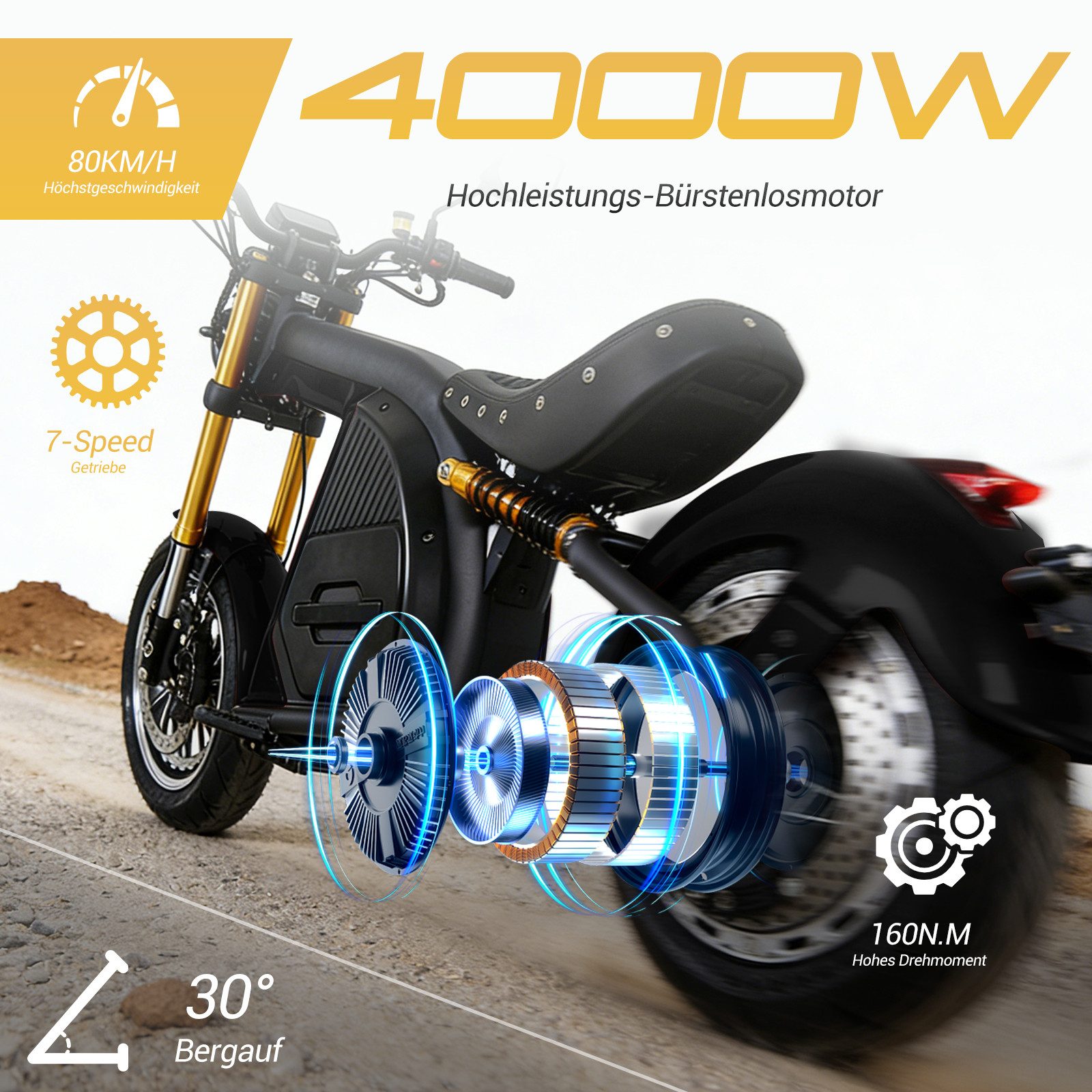 Vankel E-Motorroller M8S E-Chopper 4000W, 140km Reichweite, 80km/h Spitzengeschwindigkeit, 4000 W, 80 km/h, 2520Wh mit 72V Akku, hydraulischen Bremsen & Vollfederung