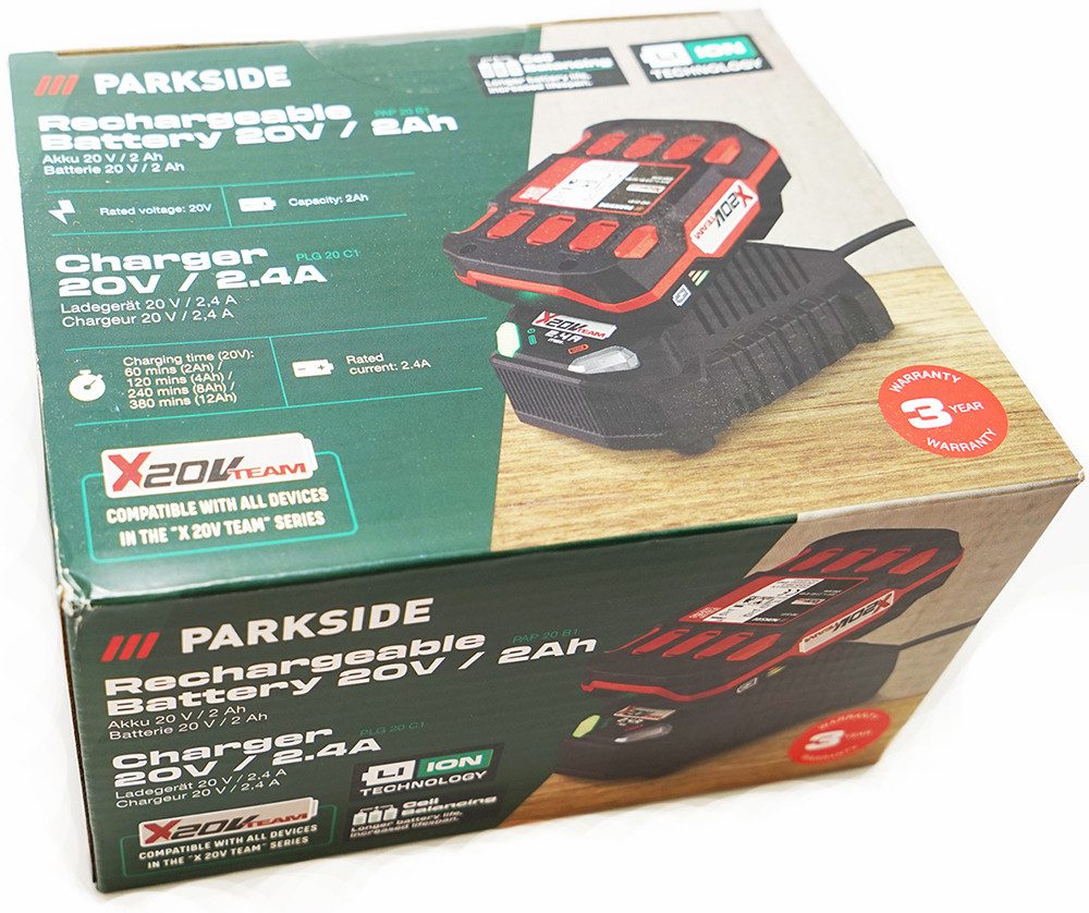 Parkside 20V Akku 2Ah »PAP 20 B1« u. Ladegerät 2,4A »PLG 20 C1«, X 20 V Team Akku-Set (20 V), Leistungsstarker Lithium-Ionen-Akku mit 3-stufiger Zustandsanzeige