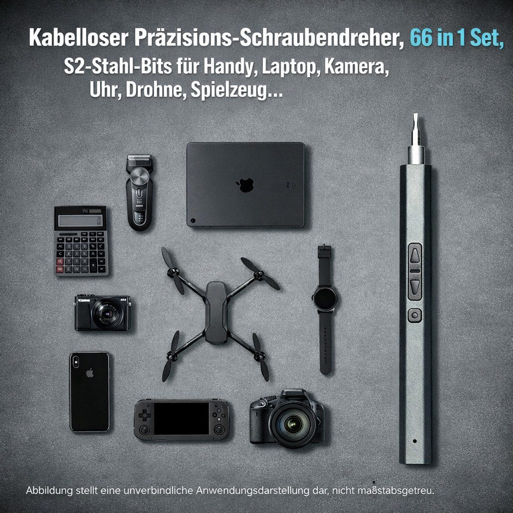 COOL-i ® Elektro-Schraubendreher 66-in-1 Elektrischer Schraubendreher,Präzisionsschraubendreher-Set, 200,00 U/min, 3,00 Nm, mit 64 S2-Stahlbits und LED-Arbeitslicht