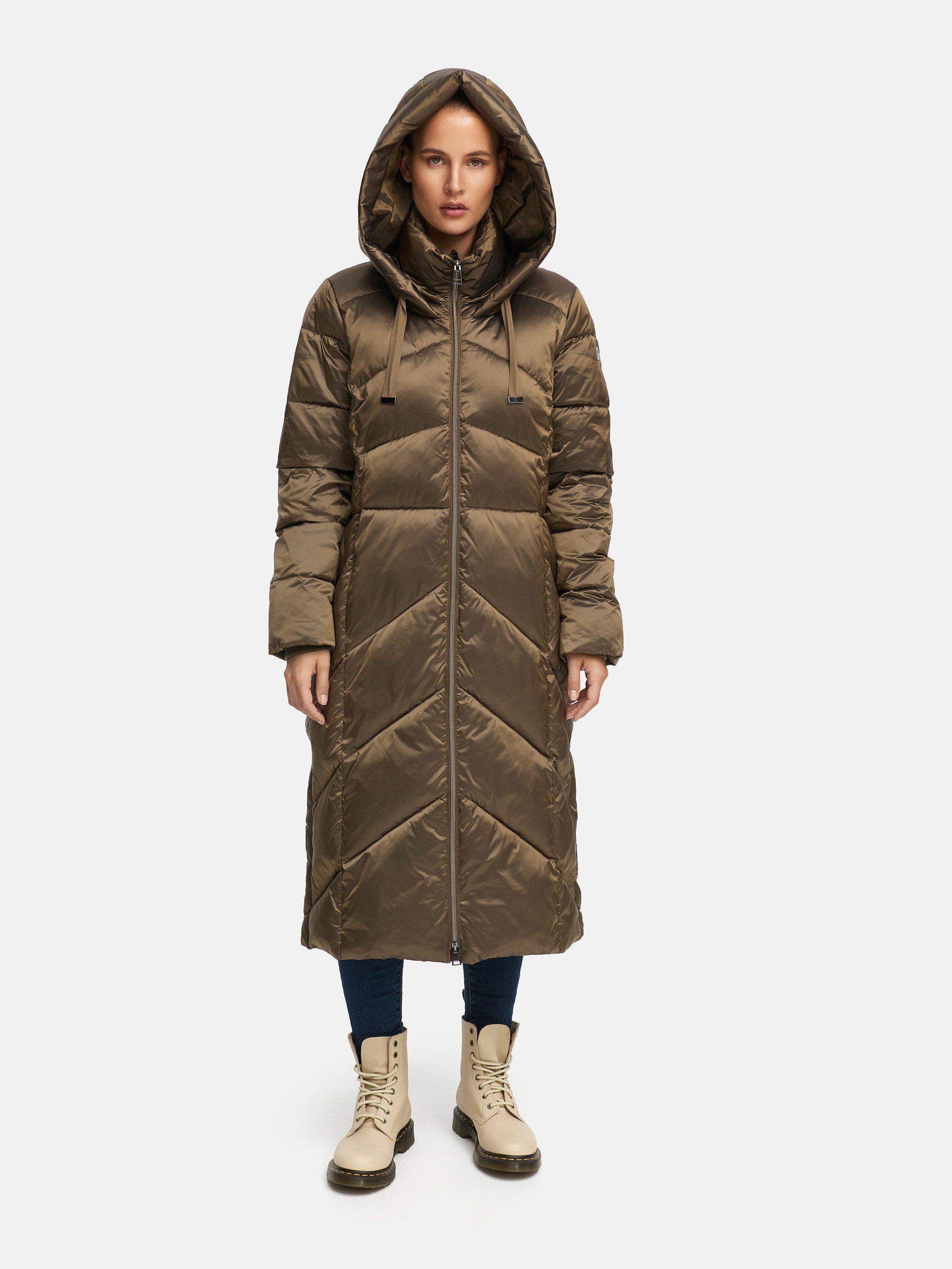 Manisa Wintermantel mit Stehkragen und fester Kapuze und dekorativen Strickbändern