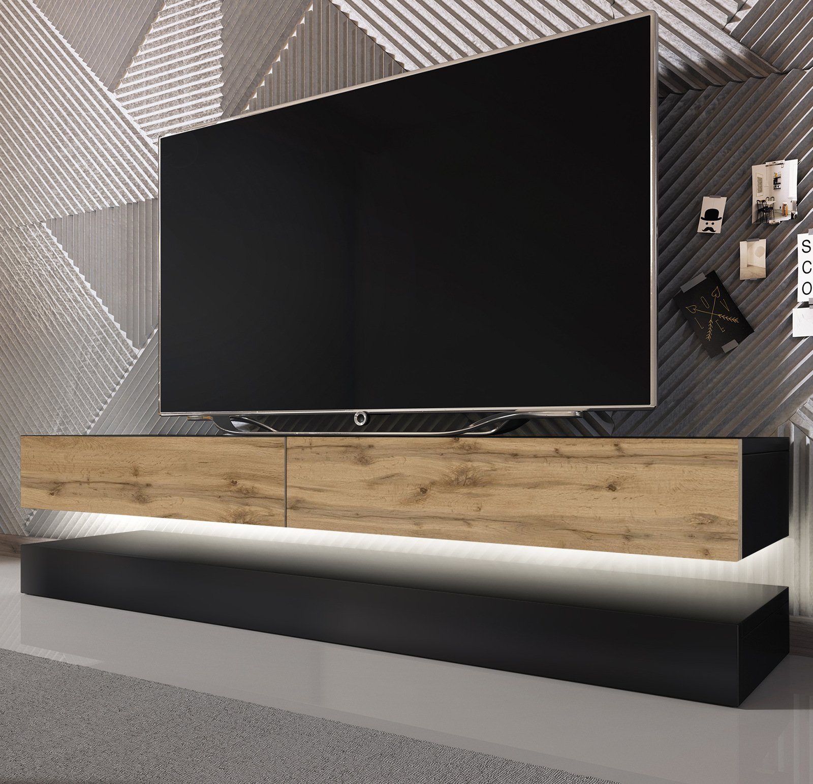 GuenstigEinrichten Lowboard Bird (TV-Board in schwarz und Wotan Eiche, Breite 140 cm), mit Stauraum, inklusive LED Beleuchtung | Lowboards