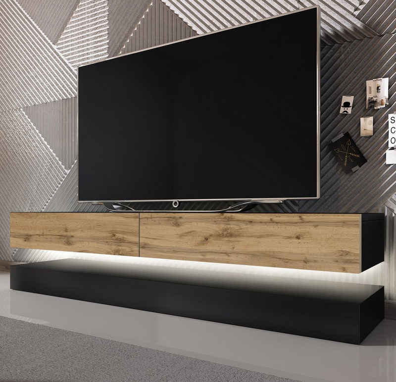GuenstigEinrichten Lowboard Bird (TV-Board in schwarz und Wotan Eiche, Breite 140 cm), mit Stauraum, inklusive LED Beleuchtung